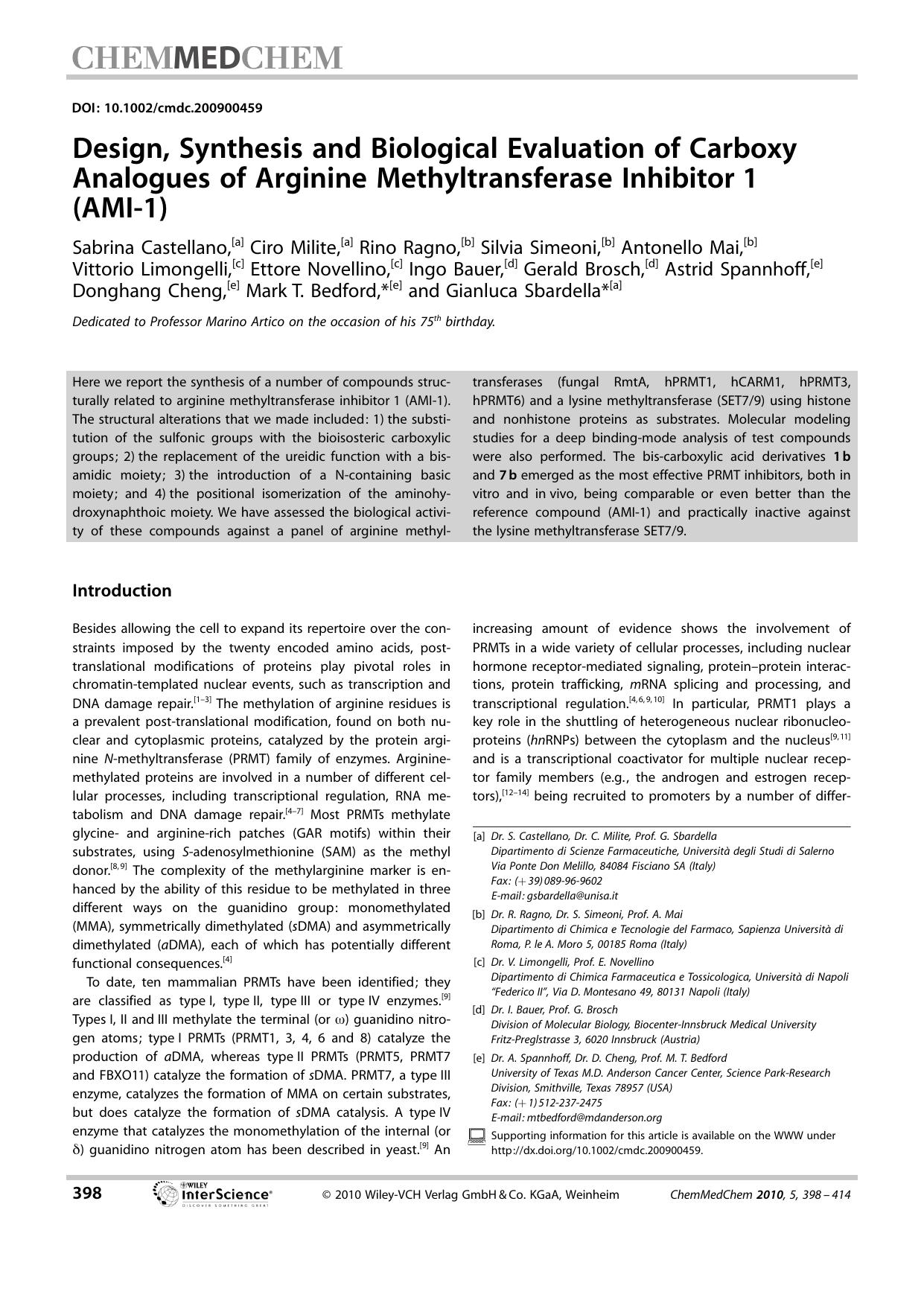 Design, Synthesis and Biological Evaluation of Carboxy Analogues of Arginine Methyltransferase Inhibitor[emsp14]1 (AMI-1) by Unknown