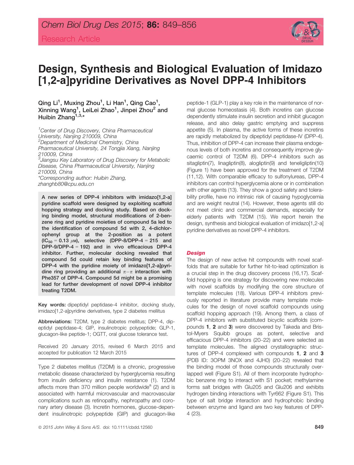 Design, Synthesis and Biological Evaluation of Imidazo[1,2‐a]pyridine Derivatives as Novel DPP‐4 Inhibitors by unknow
