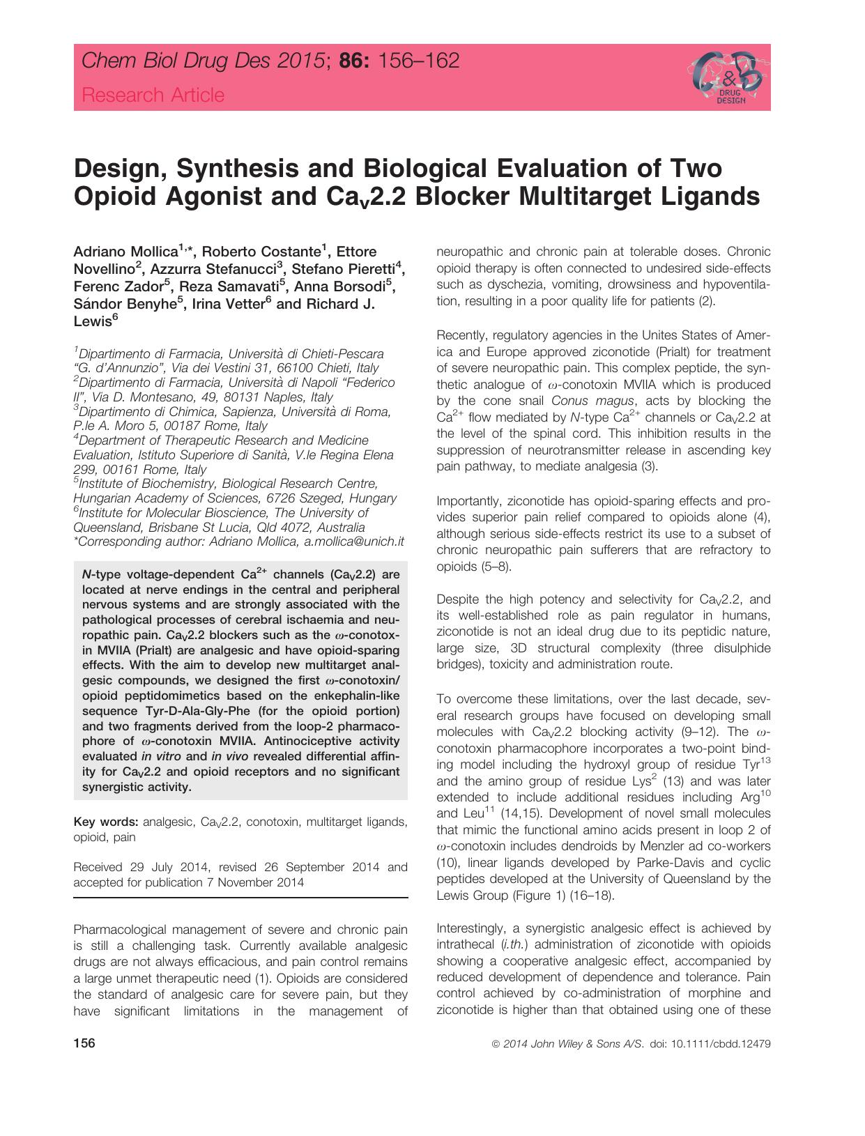 Design, Synthesis and Biological Evaluation of Two Opioid Agonist and Cav2.2 Blocker Multitarget Ligands by unknow