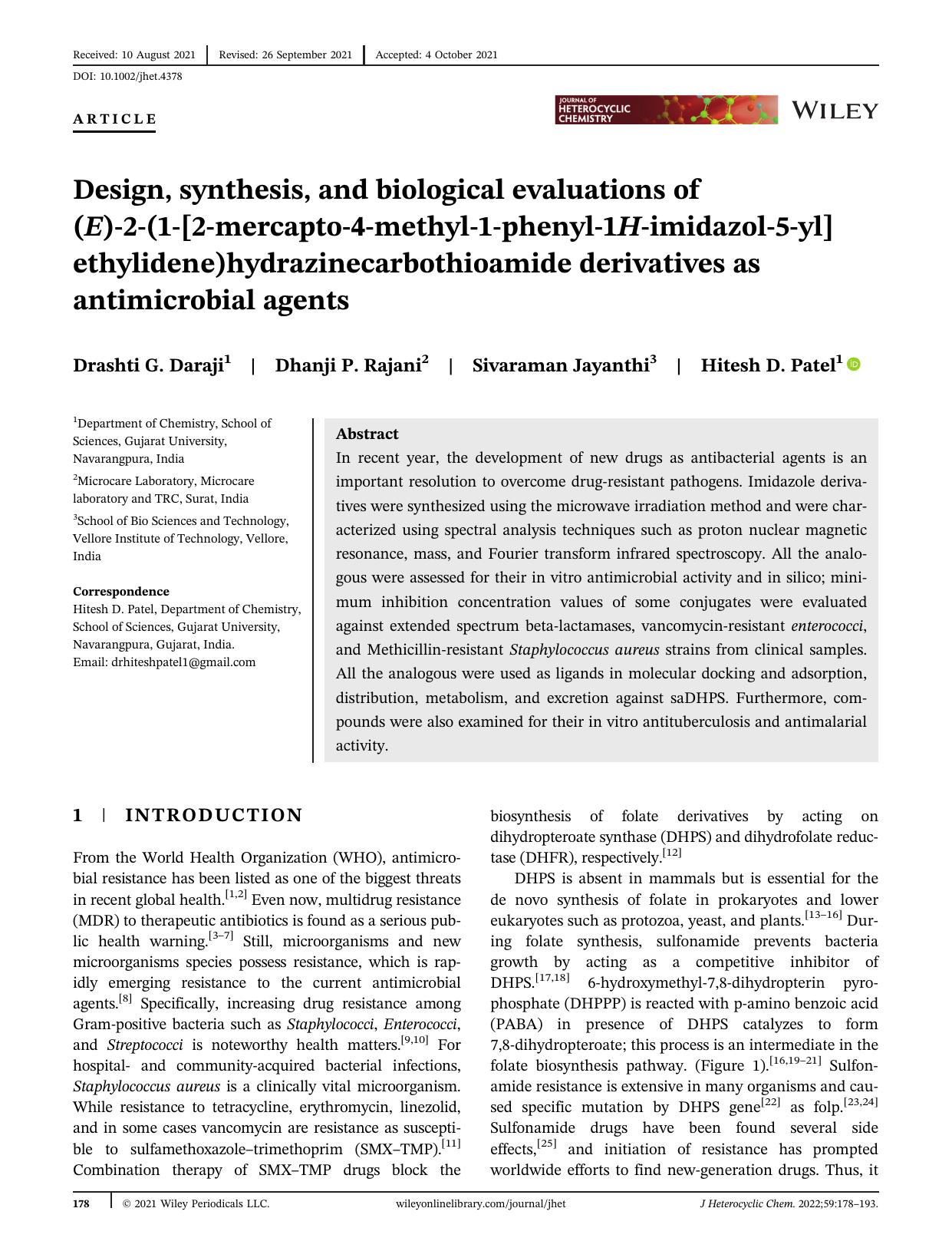 Design, Synthesis and Biological Evaluations of (E)-2-(1-(2-mercapto-4-methyl-1-phenyl-1H-imidazol-5-yl)ethylidene)hydrazinecarbothioamide Derivatives as Antimicrobial Agents by Unknown