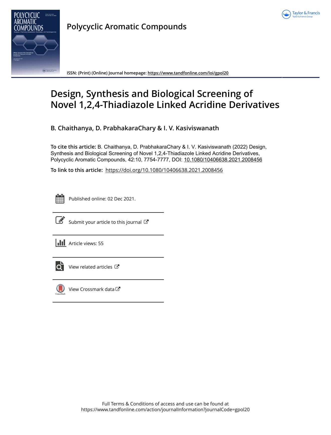 Design, Synthesis and Biological Screening of Novel 1,2,4-Thiadiazole Linked Acridine Derivatives by Chaithanya B. & PrabhakaraChary D. & Kasiviswanath I. V