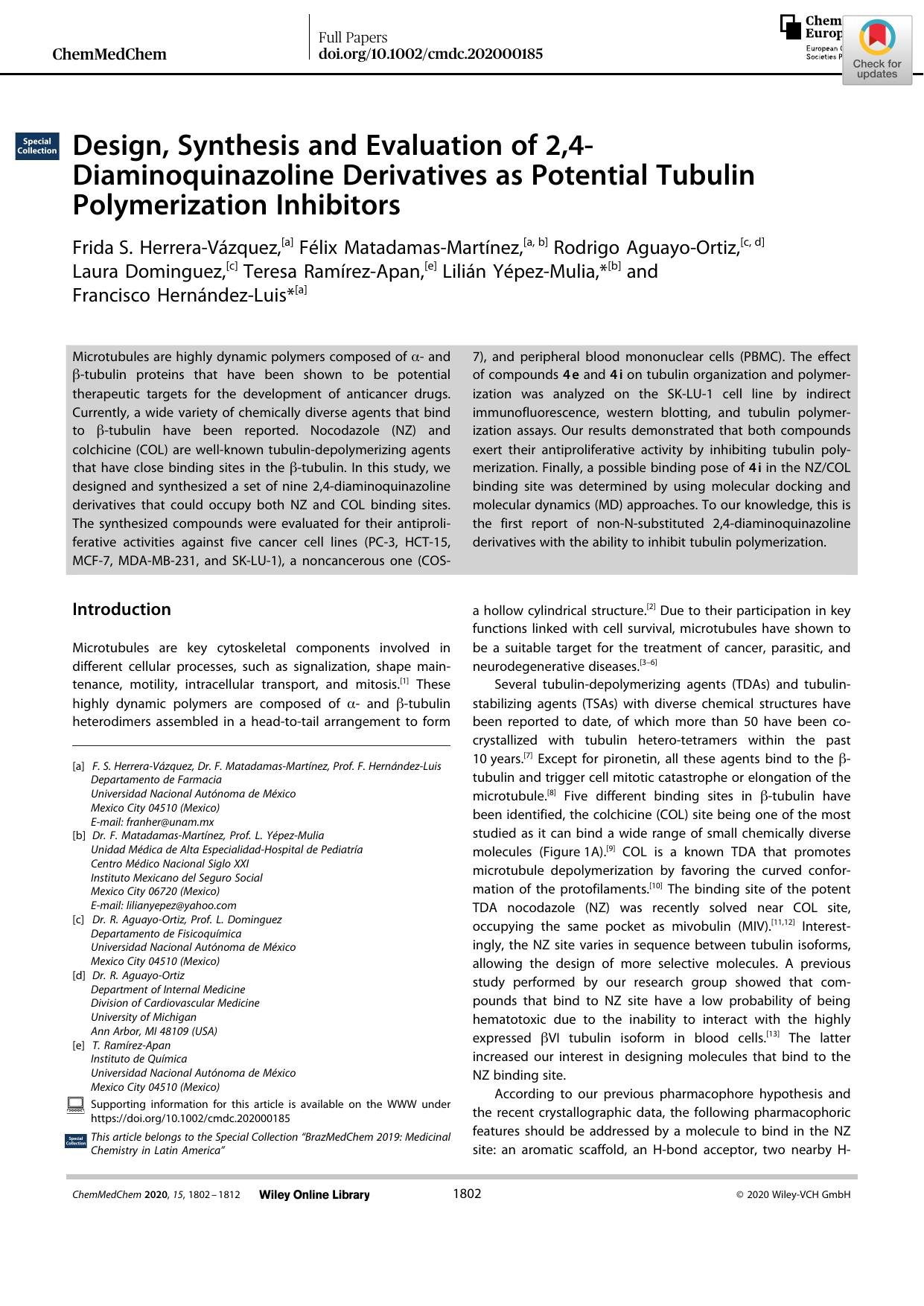 Design, Synthesis and Evaluation of 2,4âDiaminoquinazoline Derivatives as Potential Tubulin Polymerization Inhibitors by Unknown