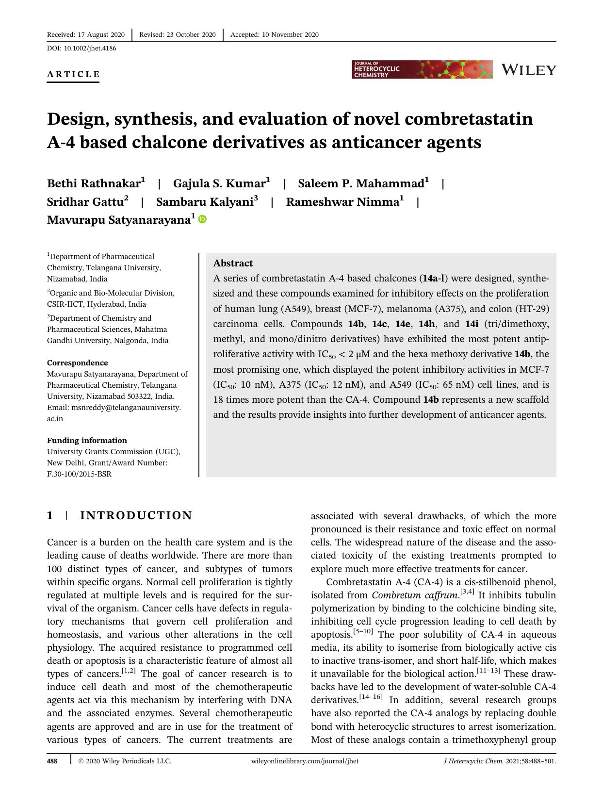 Design, Synthesis and Evaluation of Novel Combretastatin A-4 based Chalcone Derivatives as Anticancer Agents by Unknown