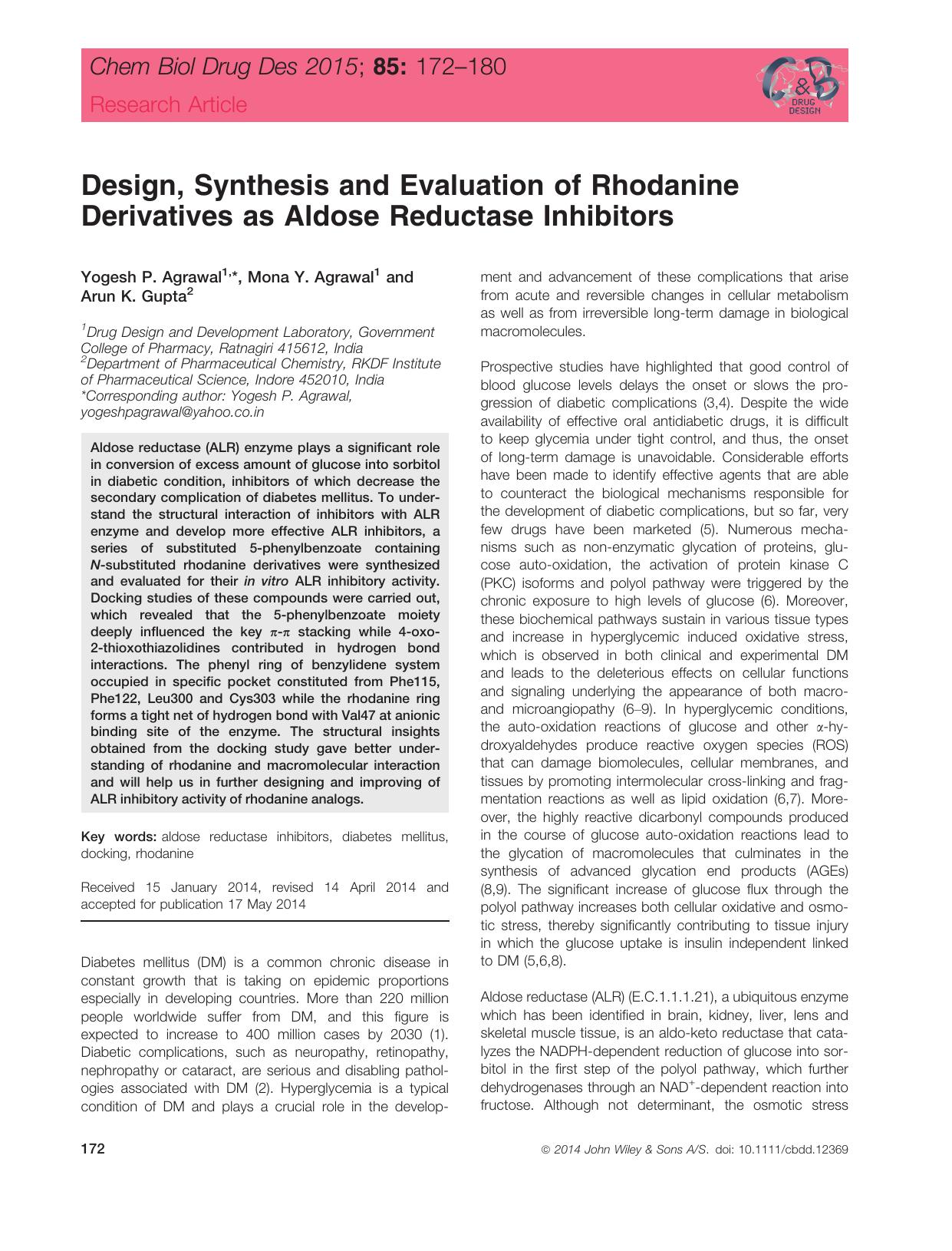 Design, Synthesis and Evaluation of Rhodanine Derivatives as Aldose Reductase Inhibitors by unknow