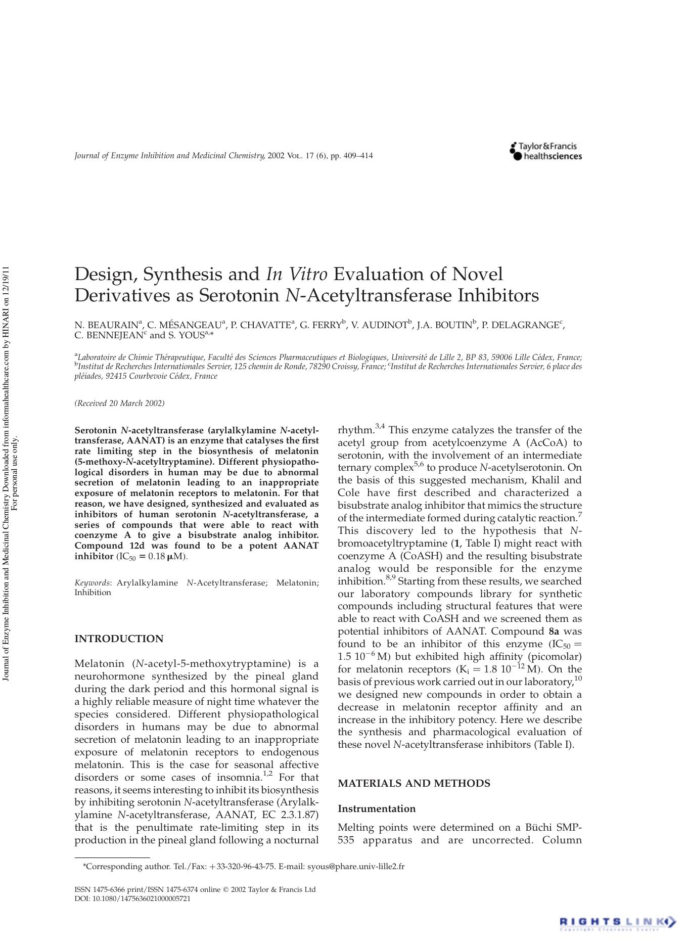Design, Synthesis and In Vitro Evaluation of Novel Derivatives as Serotonin N -Acetyltransferase Inhibitors by unknow