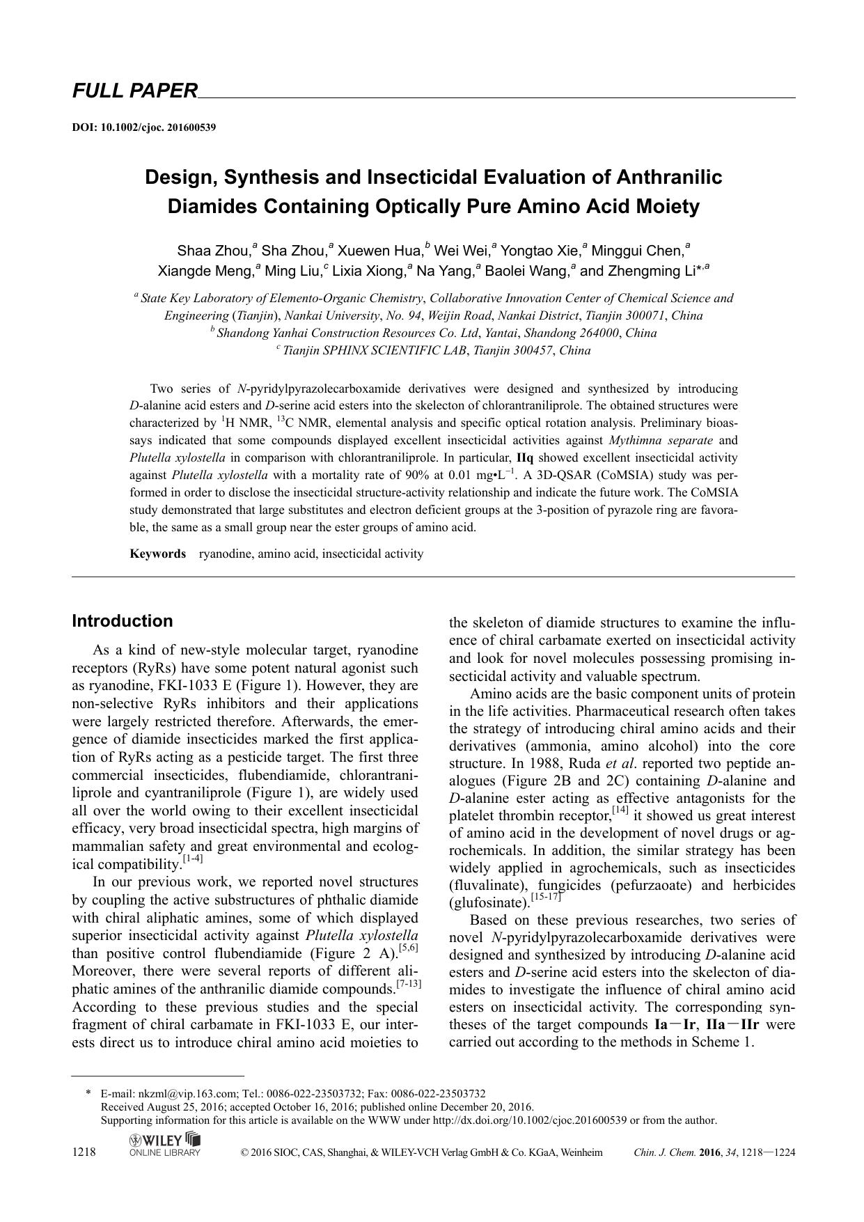 Design, Synthesis and Insecticidal Evaluation of Anthranilic Diamides Containing Optically Pure Amino Acid Moiety by Administrator