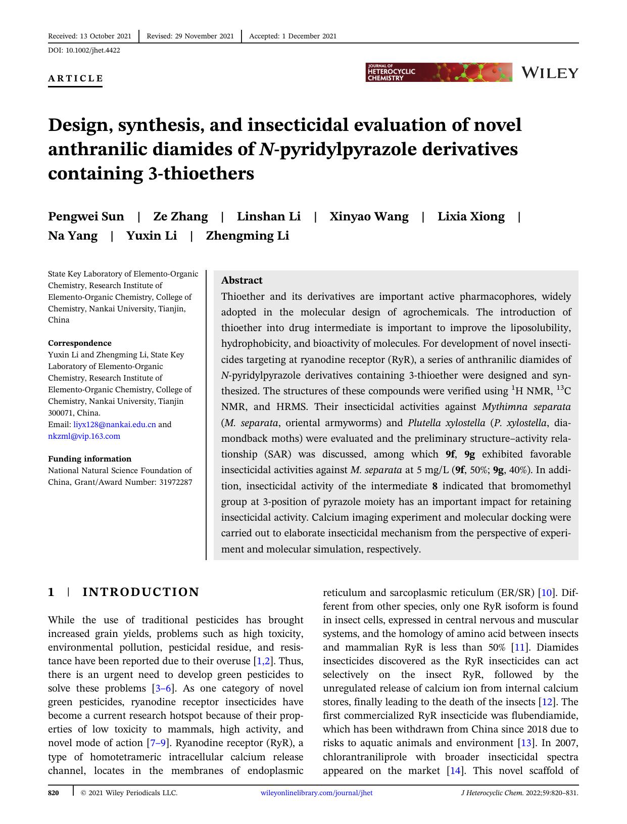 Design, Synthesis and Insecticidal Evaluation of Novel Anthranilic Diamides of N -Pyridylpyrazole Derivatives Containing 3-Thioethers by Unknown