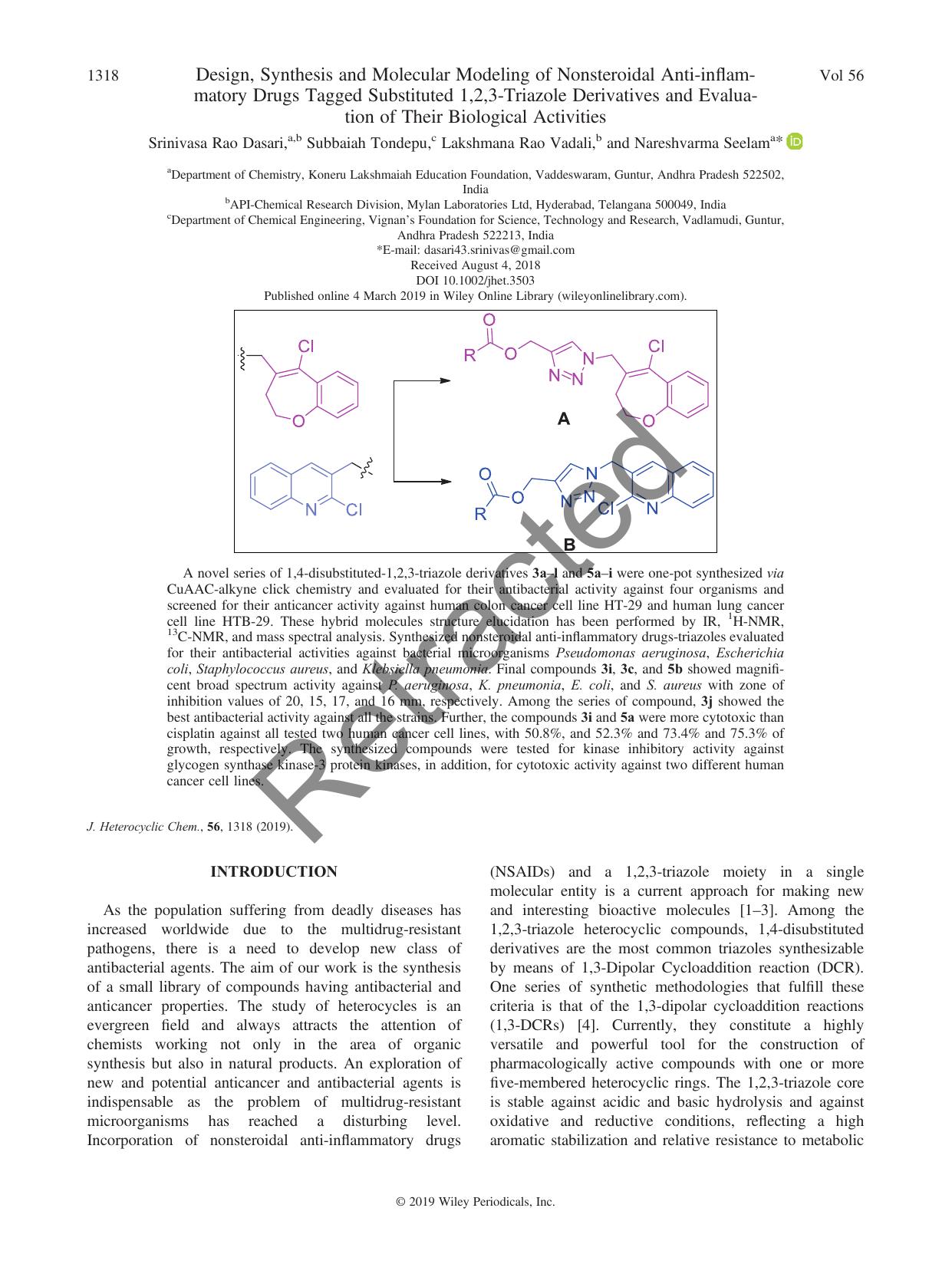 Design, Synthesis and Molecular Modeling of Nonsteroidal Anti-inflammatory Drugs Tagged Substituted 1,2,3-Triazole Derivatives and Evaluation of Their Biological Activities by Srinivasa Rao Dasari Subbaiah Tondepu Lakshmana Rao Vadali Nareshvarma Seelam