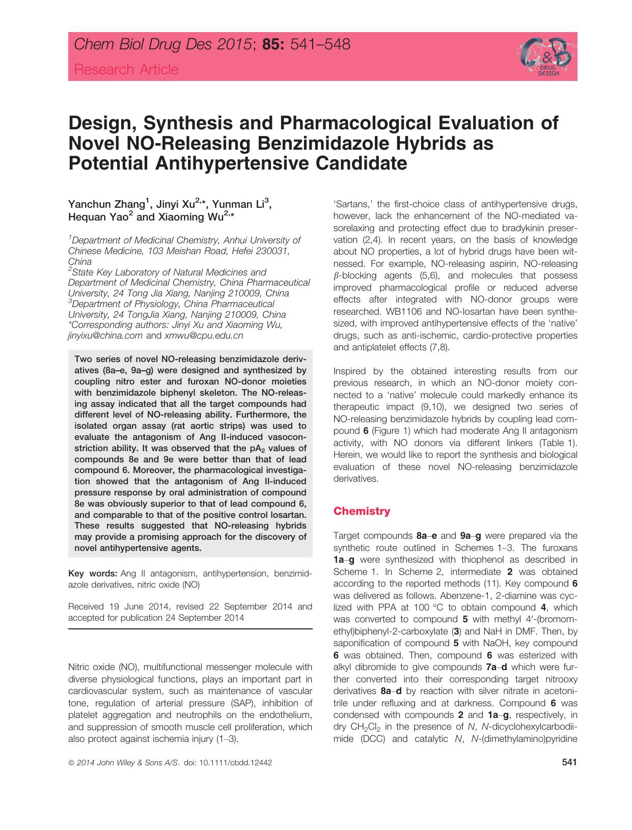Design, Synthesis and Pharmacological Evaluation of Novel NO‐Releasing Benzimidazole Hybrids as Potential Antihypertensive Candidate by unknow