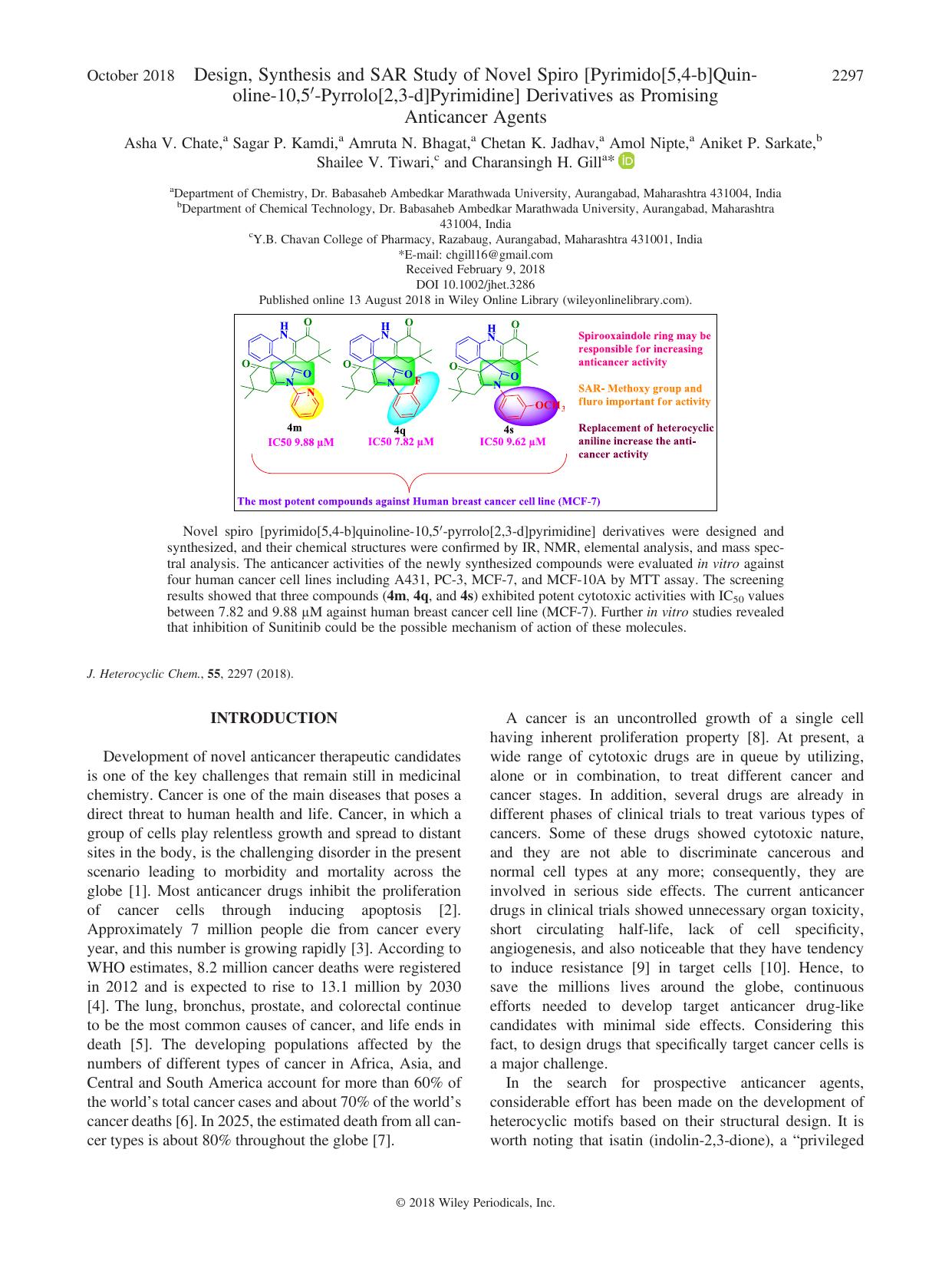 Design, Synthesis and SAR Study of Novel Spiro [Pyrimido[5,4-b]Quinoline-10,5-Pyrrolo[2,3-d]Pyrimidine] Derivatives as Promising Anticancer Agents by unknow