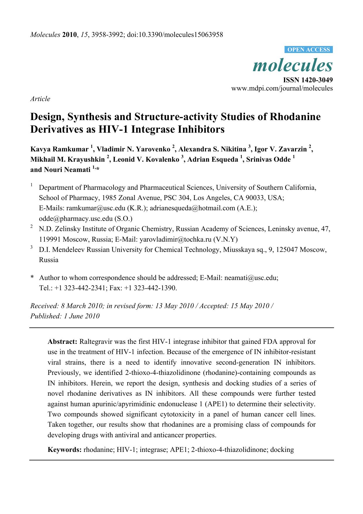 Design, Synthesis and Structure-activity Studies of Rhodanine Derivatives as HIV-1 Integrase Inhibitors by unknow