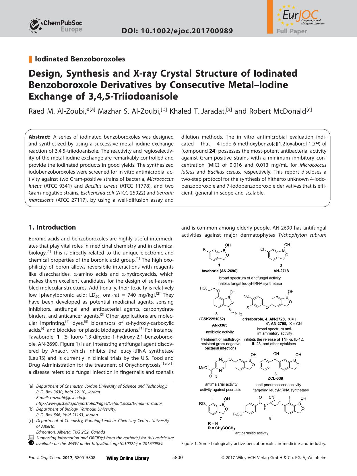 Design, Synthesis and X&#x02010;ray Crystal Structure of Iodinated Benzoboroxole Derivatives by Consecutive Metal&#x02013;Iodine Exchange of 3,4,5&#x02010;Triiodoanisole by Unknown