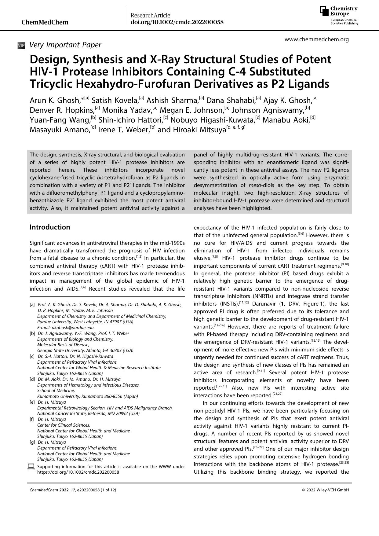 Design, Synthesis and XâRay Structural Studies of Potent HIVâ1 Protease Inhibitors Containing Câ4 Substituted Tricyclic HexahydroâFurofuran Derivatives as P2 Ligands by Unknown