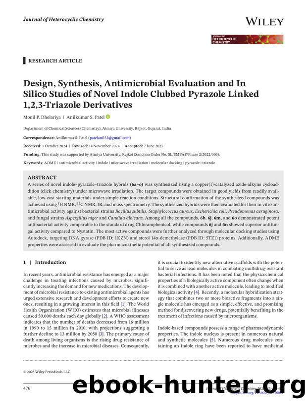 Design, Synthesis, Antimicrobial Evaluation and in silico studies of novel Indole clubbed Pyrazole linked 1,2,3âTriazole derivatives by Unknown