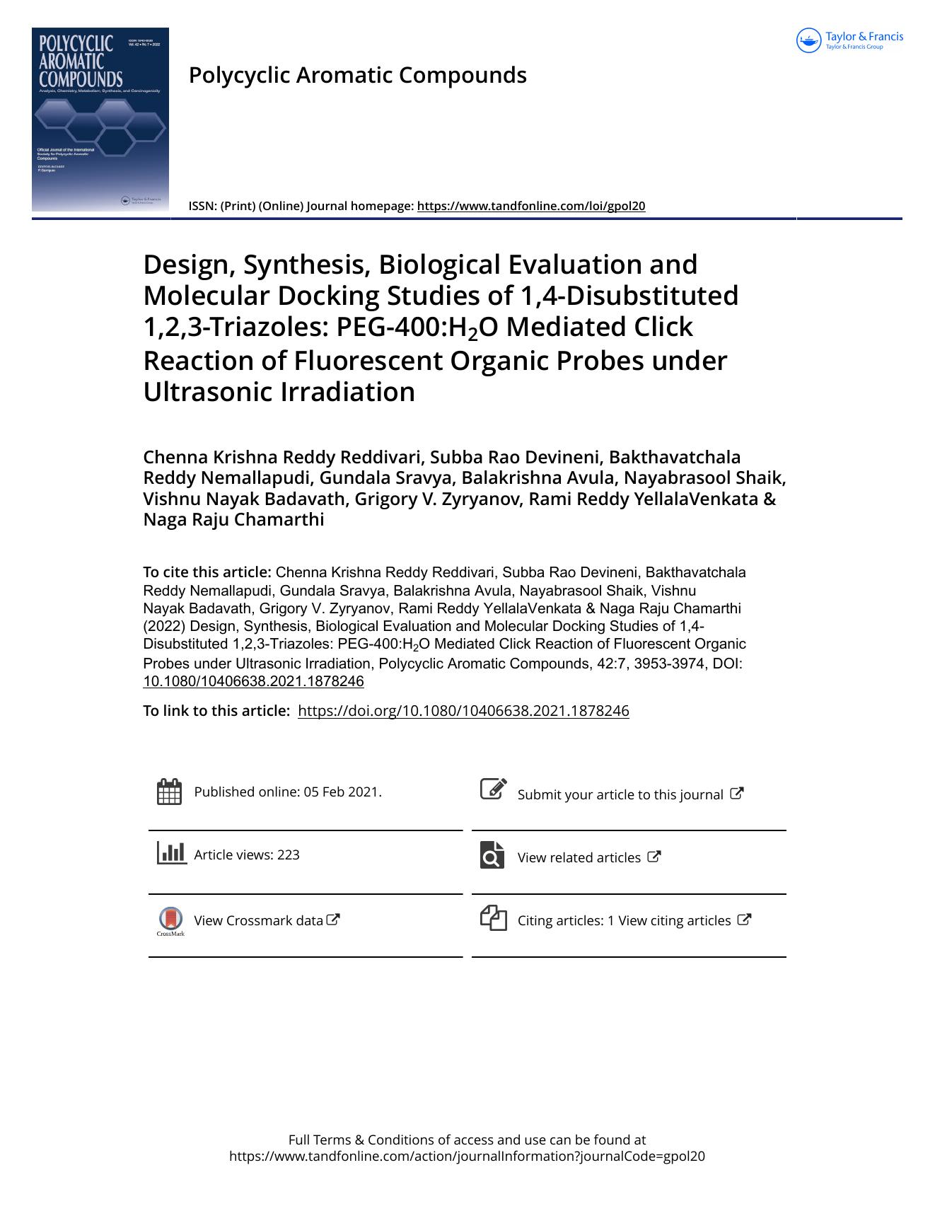 Design, Synthesis, Biological Evaluation and Molecular Docking Studies of 1,4-Disubstituted 1,2,3-Triazoles: PEG-400:H2O Mediated Click Reaction of Fluorescent Organic Probes under by unknow