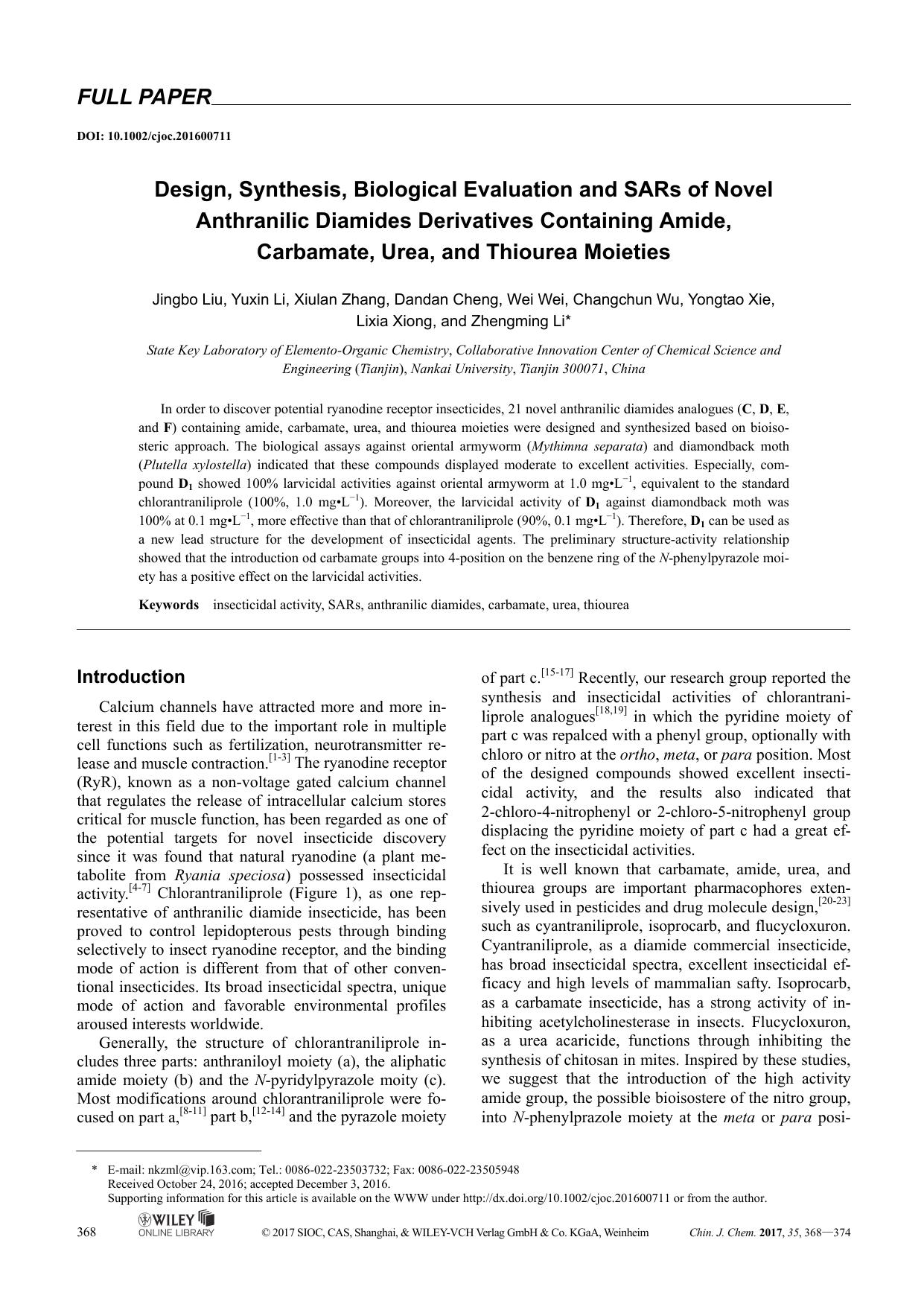 Design, Synthesis, Biological Evaluation and SARs of Novel Anthranilic Diamides Derivatives Containing Amide, Carbamate, Urea, and Thiourea Moieties: by Administrator