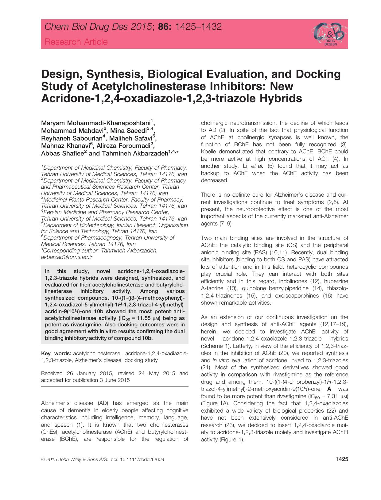 Design, Synthesis, Biological Evaluation, and Docking Study of Acetylcholinesterase Inhibitors: New Acridone‐1,2,4‐oxadiazole‐1,2,3‐triazole Hybrids by unknow