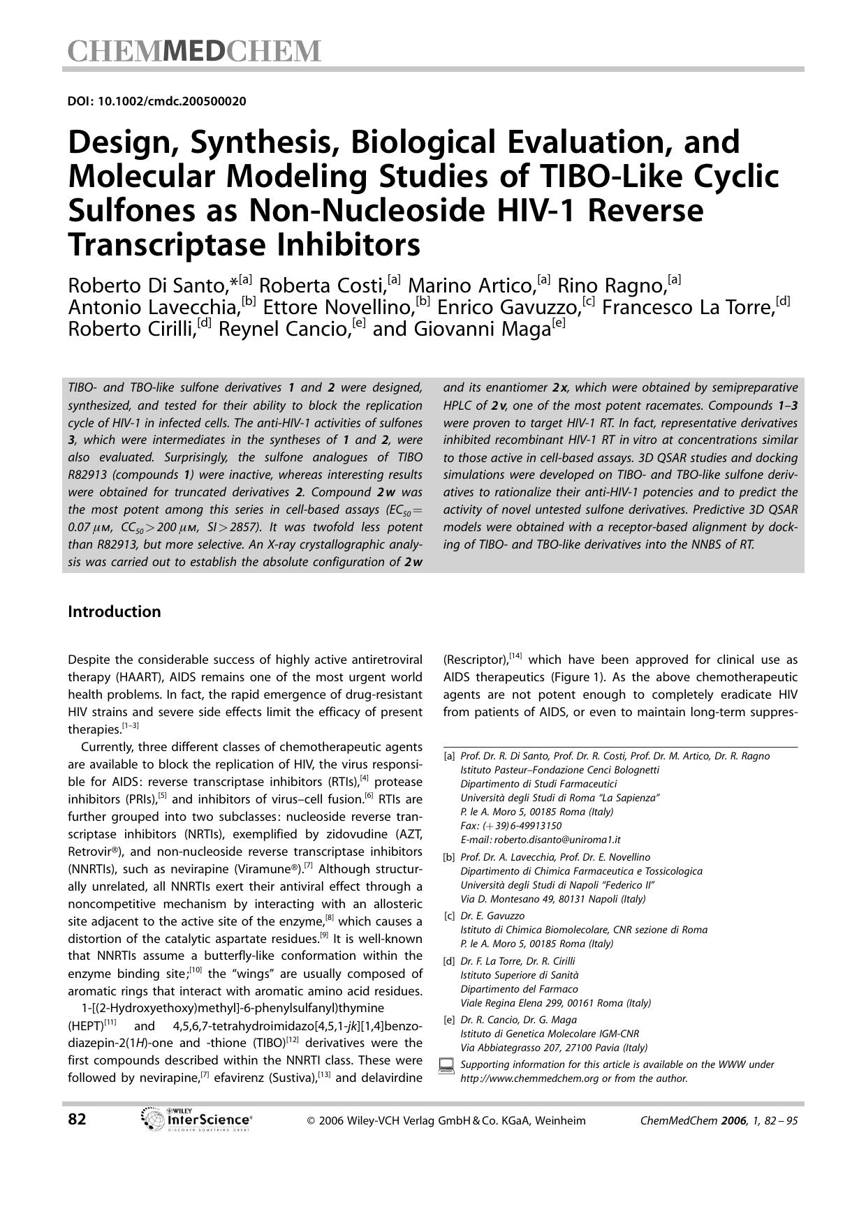 Design, Synthesis, Biological Evaluation, and Molecular Modeling Studies of TIBO-Like Cyclic Sulfones as Non-Nucleoside HIV-1 Reverse Transcriptase Inhibitors by Unknown