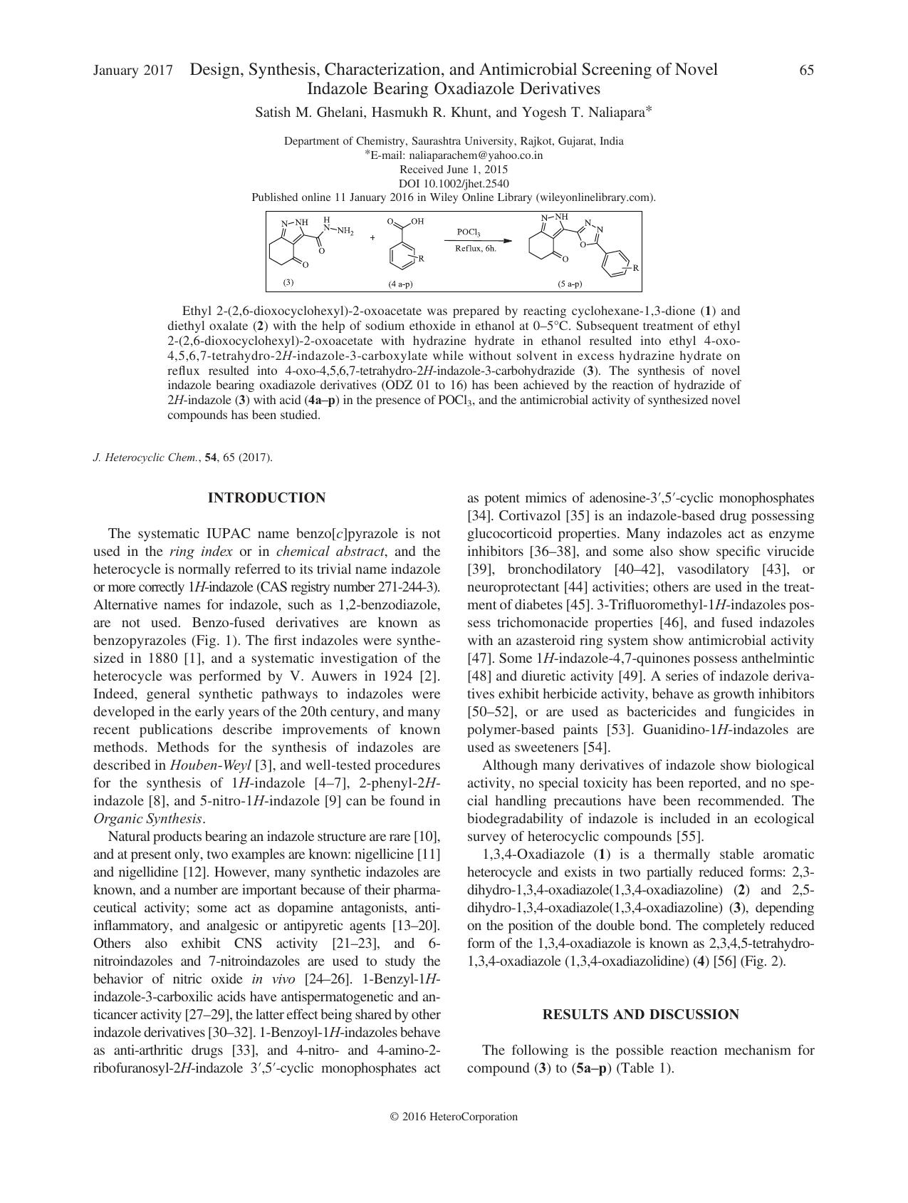 Design, Synthesis, Characterization, and Antimicrobial Screening of Novel Indazole Bearing Oxadiazole Derivatives by Satish M. Ghelani Hasmukh R. Khunt Yogesh T. Naliapara