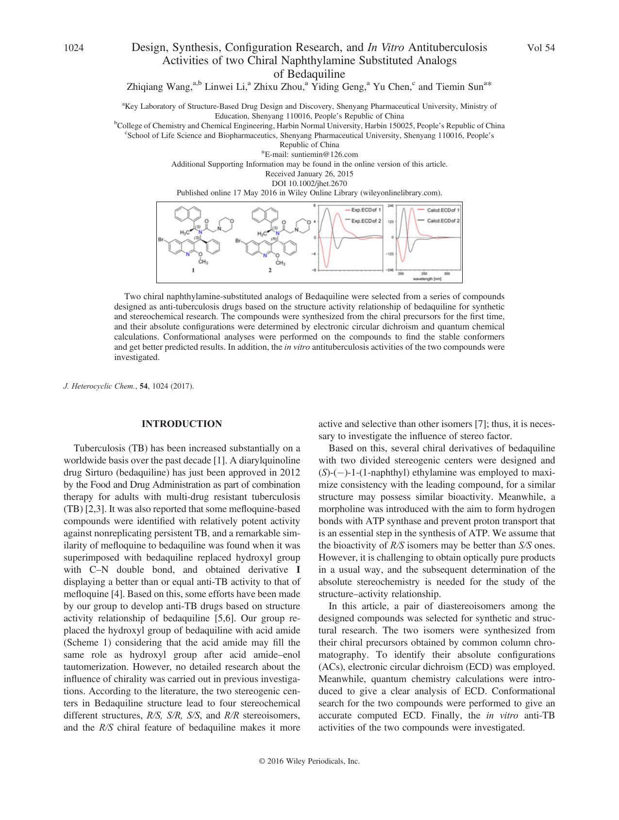 Design, Synthesis, Configuration Research, and In Vitro Antituberculosis Activities of two Chiral Naphthylamine Substituted Analogs of Bedaquiline by Zhiqiang Wang Linwei Li Zhixu Zhou Yiding Geng Yu Chen Tiemin Sun