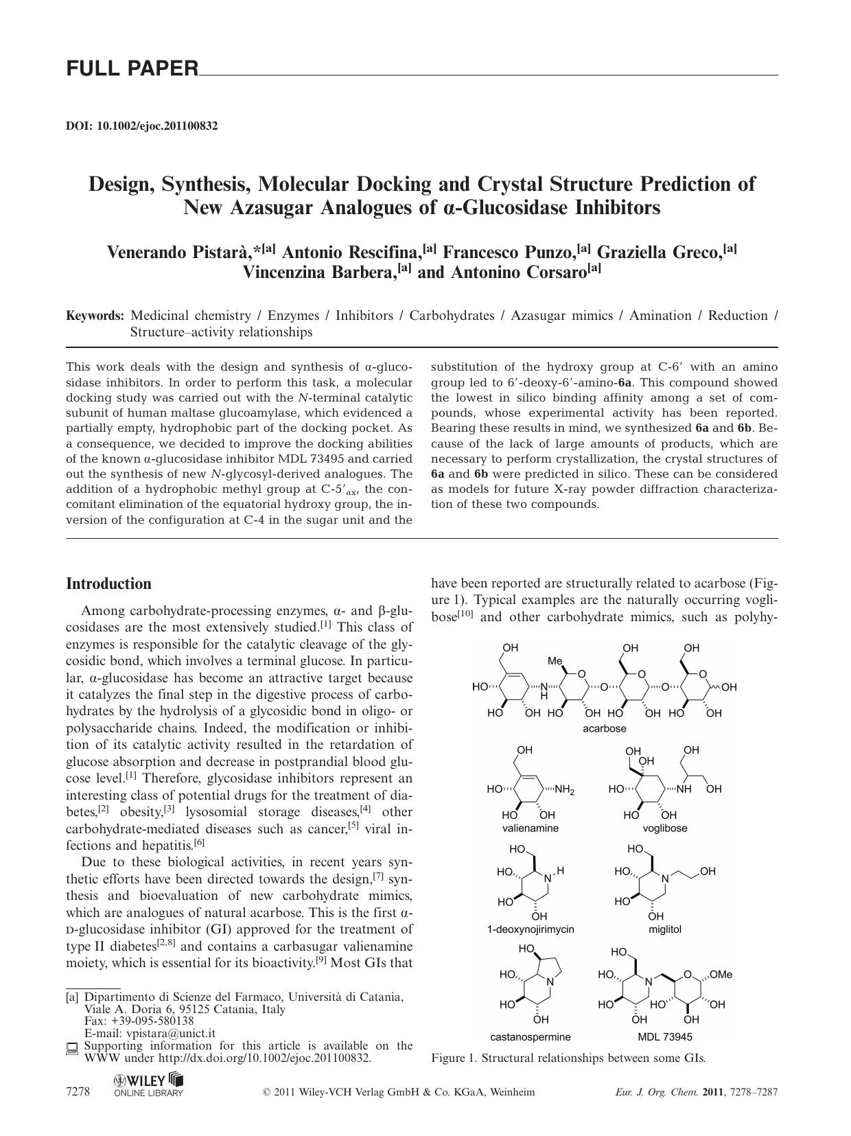 Design, Synthesis, Molecular Docking and Crystal Structure Prediction of New Azasugar Analogues of Glucosidase Inhibitors by Unknown
