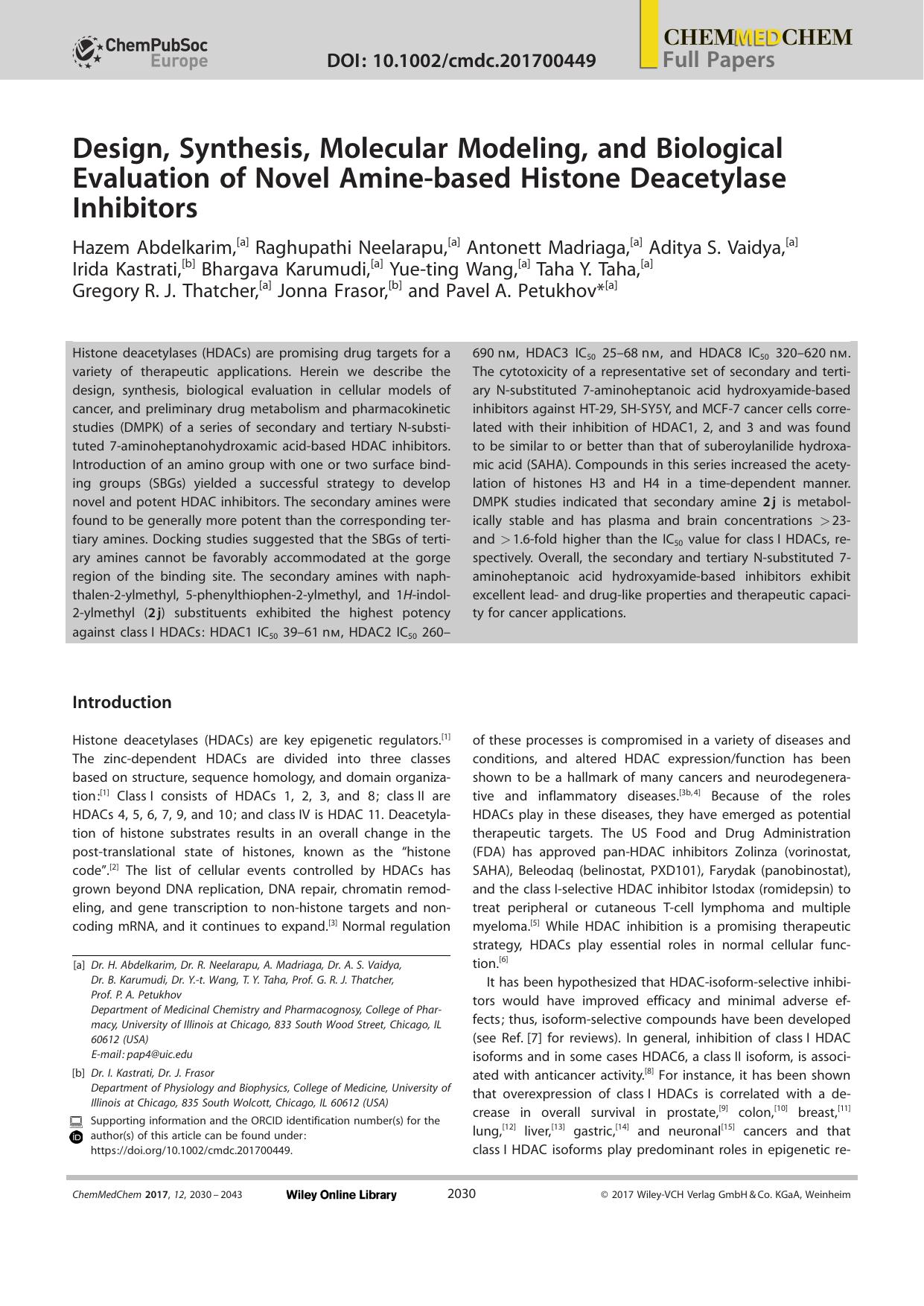 Design, Synthesis, Molecular Modeling, and Biological Evaluation of Novel Amineâbased Histone Deacetylase Inhibitors by Unknown