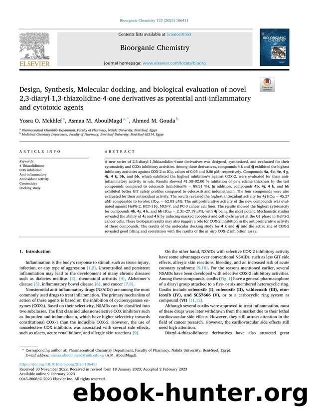 Design, Synthesis, Molecular docking, and biological evaluation of novel 2,3-diaryl-1,3-thiazolidine-4-one derivatives as potential anti-inflammatory and cytotoxic agents by Yosra O. Mekhlef & Asmaa M. AboulMagd & Ahmed M. Gouda