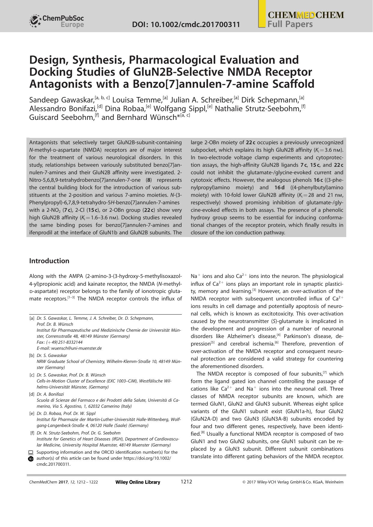 Design, Synthesis, Pharmacological Evaluation and Docking Studies of GluN2BâSelective NMDA Receptor Antagonists with a Benzo[7]annulenâ7âamine Scaffold by Unknown