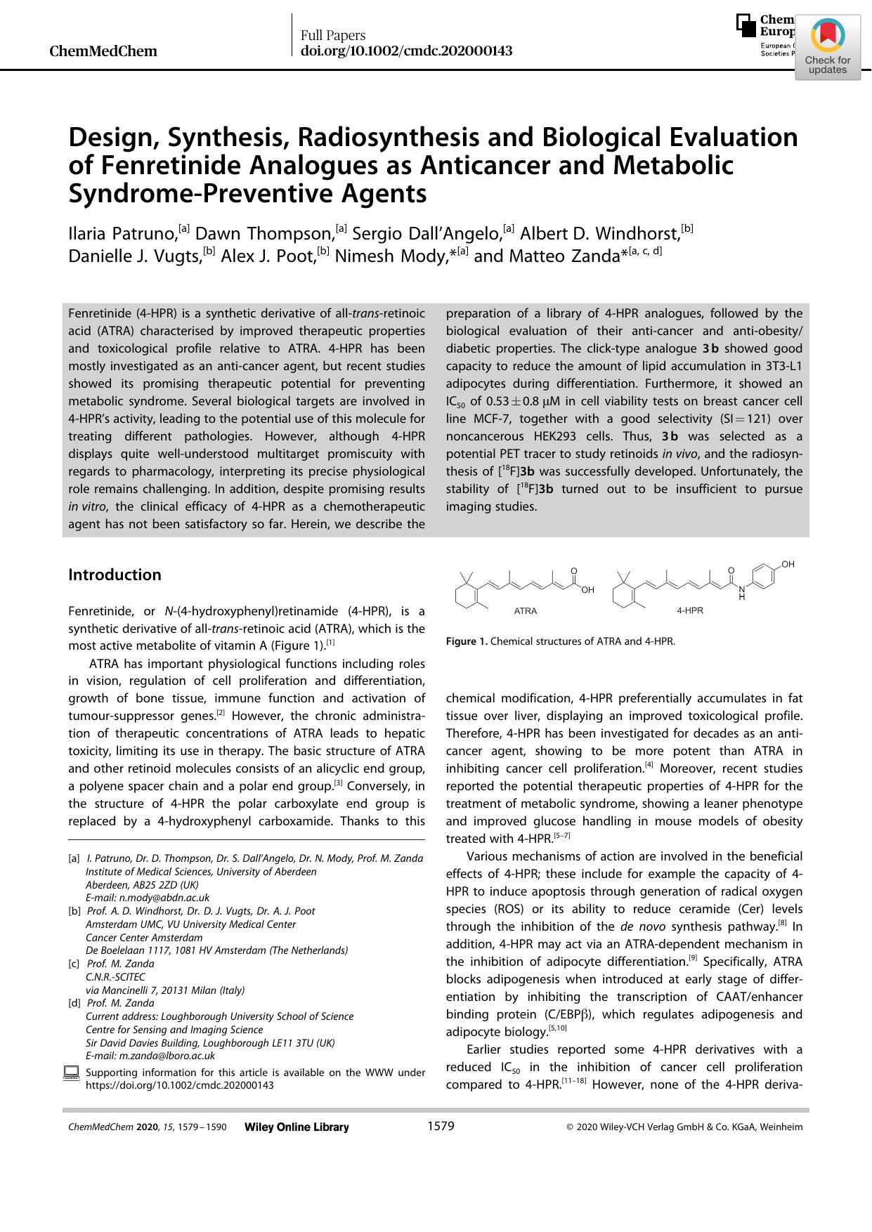 Design, Synthesis, Radiosynthesis and Biological Evaluation of Fenretinide Analogues as Anticancer and Metabolic SyndromeâPreventive Agents by Unknown