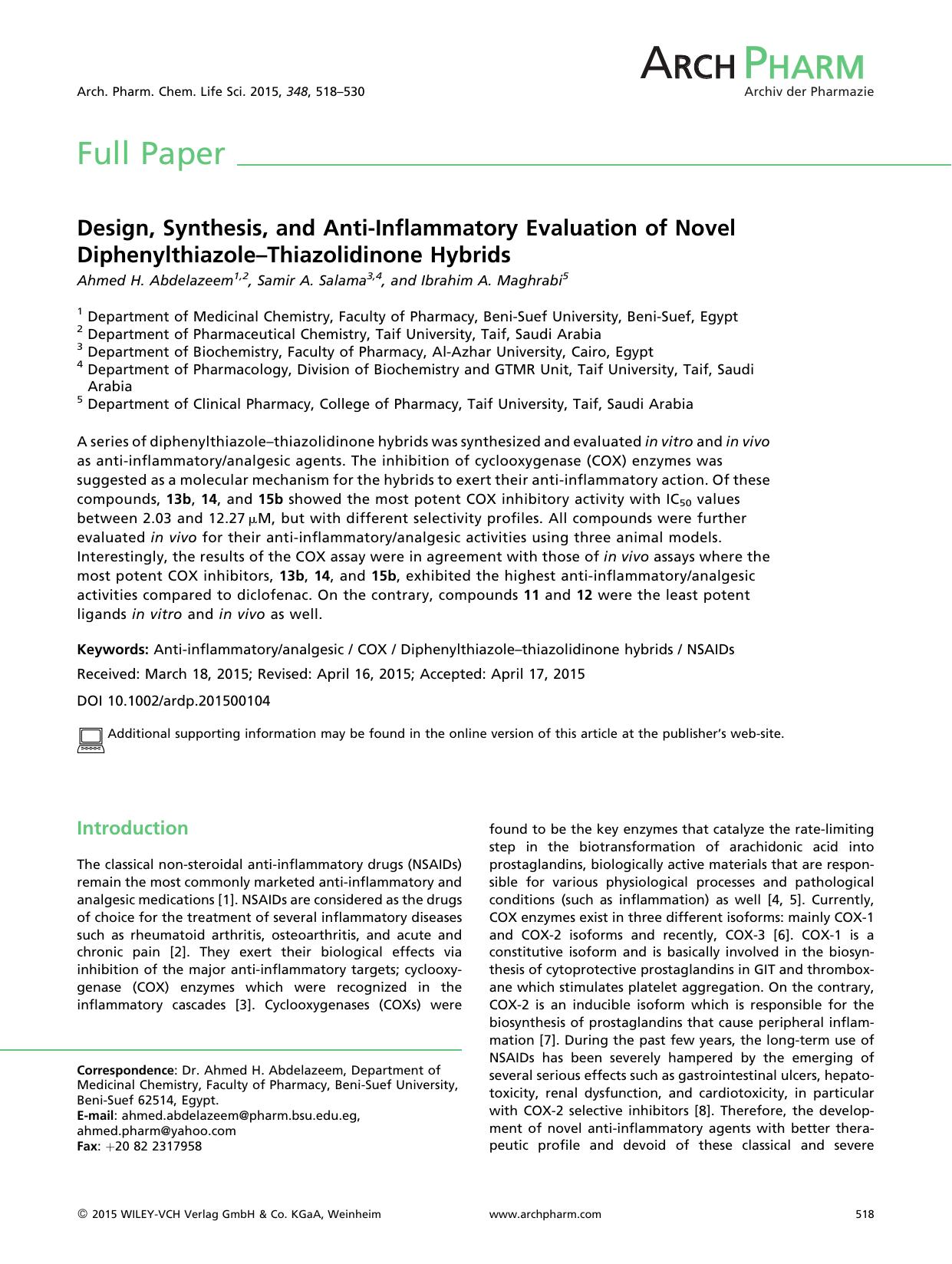 Design, Synthesis, and Anti-Inflammatory Evaluation of Novel Diphenylthiazole-Thiazolidinone Hybrids by Unknown