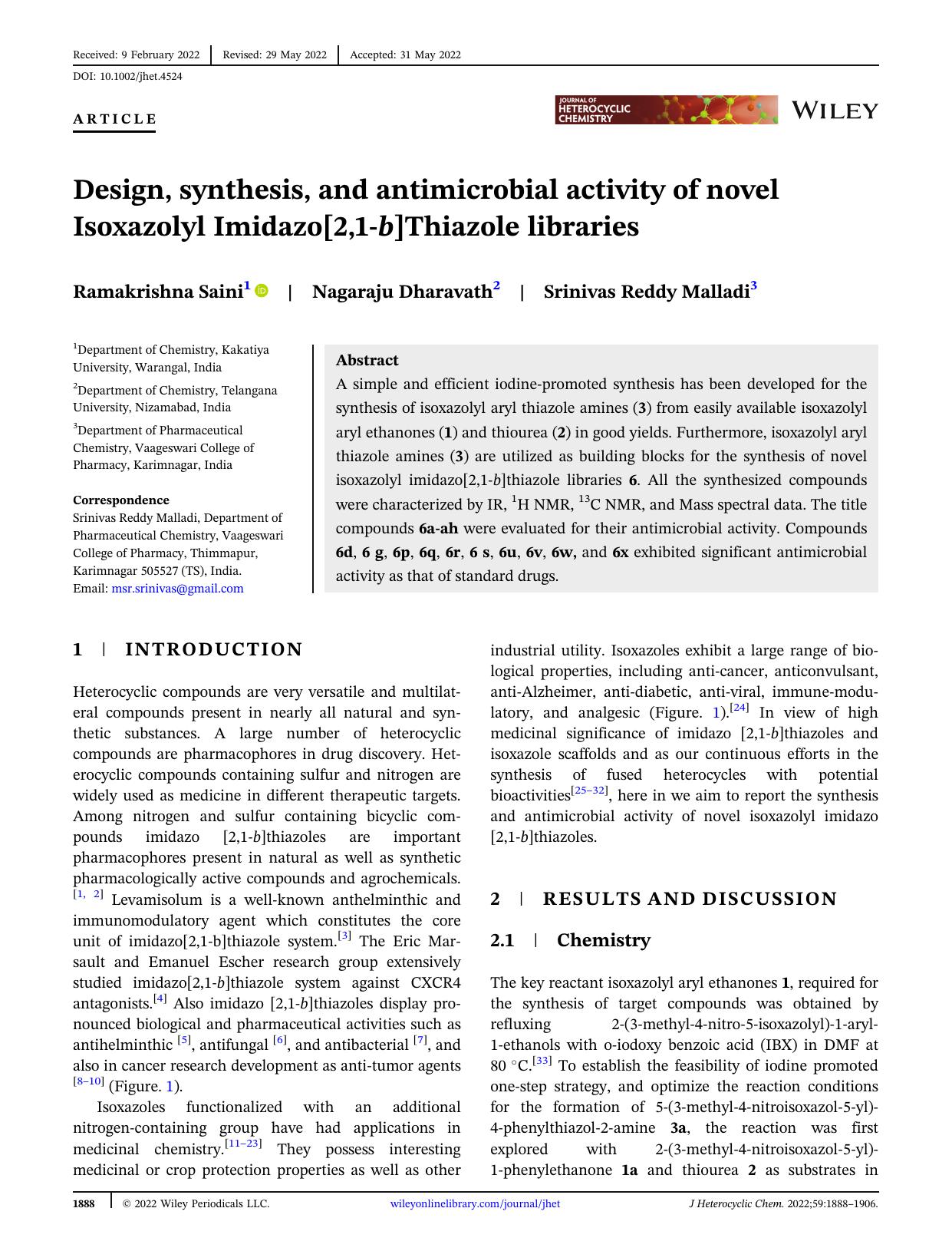 Design, Synthesis, and Antimicrobial Activity of Novel Isoxazolyl Imidazo[2,1-b]Thiazole Libraries by Unknown