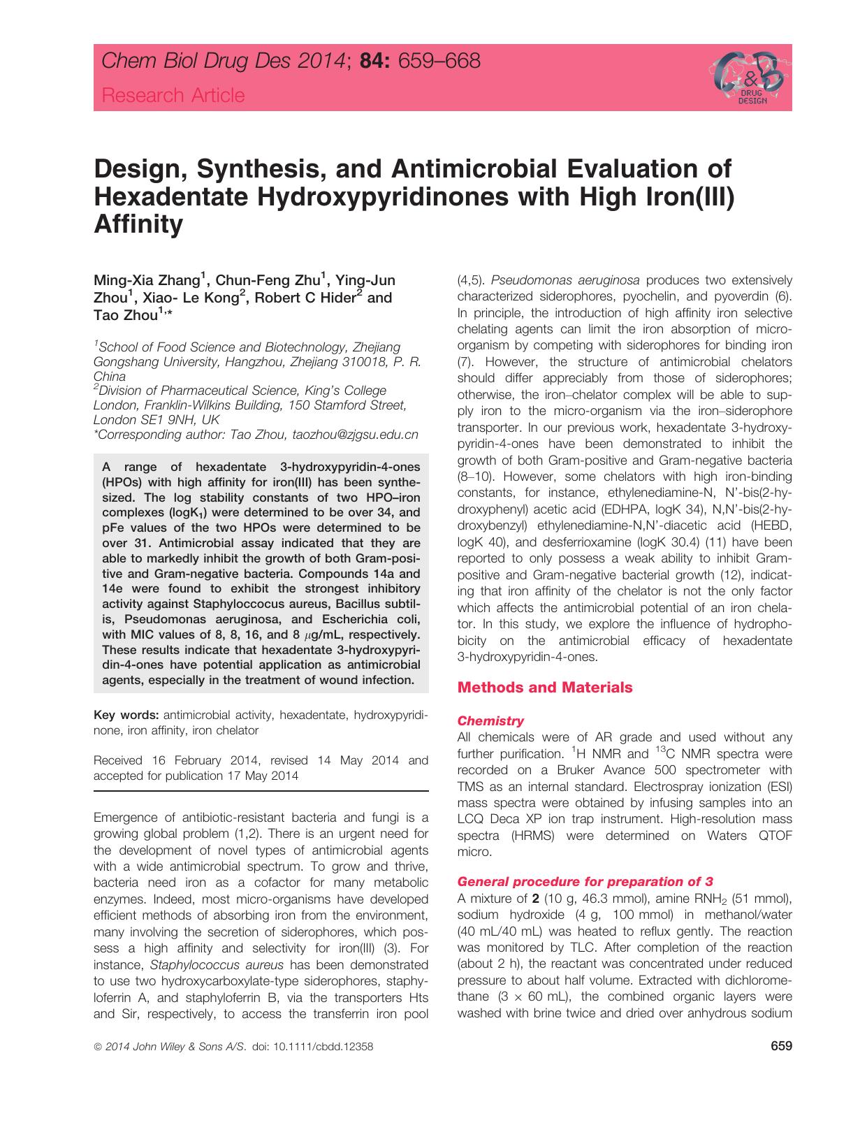 Design, Synthesis, and Antimicrobial Evaluation of Hexadentate Hydroxypyridinones with High Iron(III) Affinity by unknow