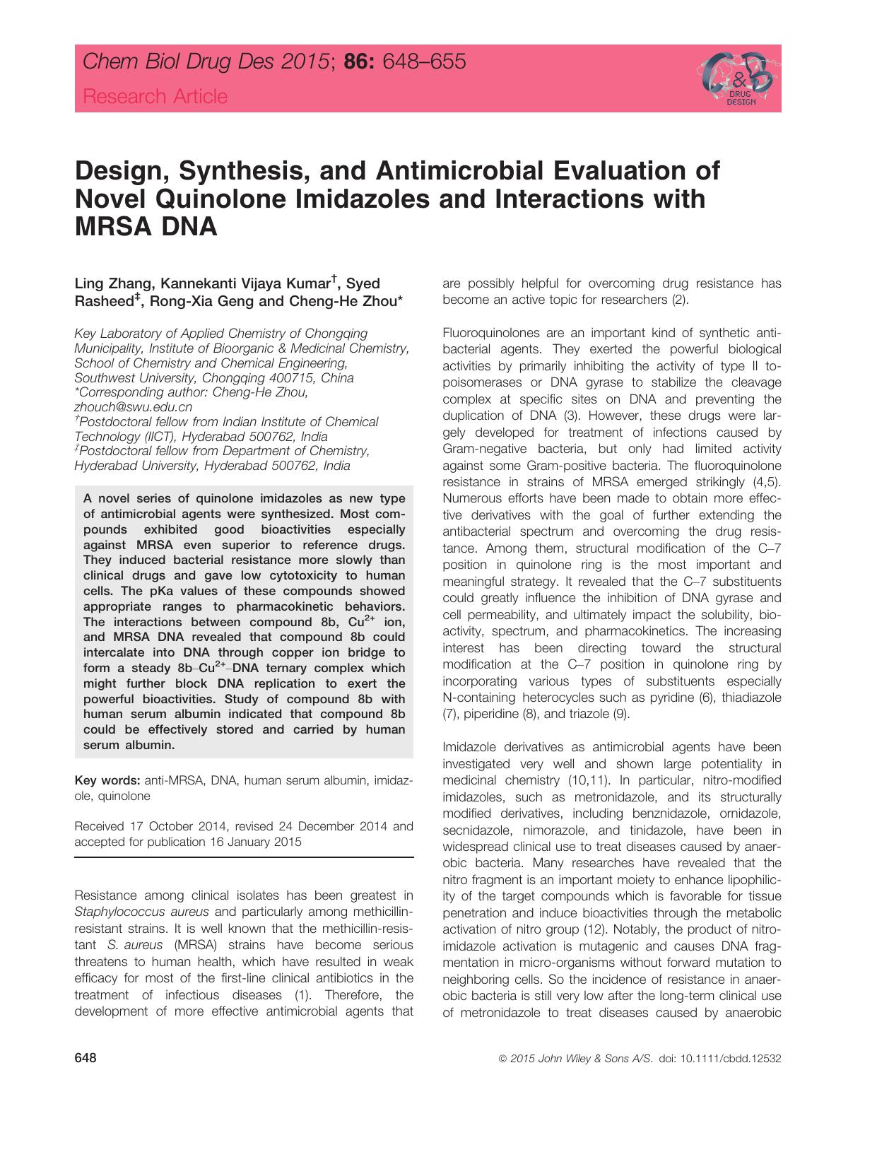 Design, Synthesis, and Antimicrobial Evaluation of Novel Quinolone Imidazoles and Interactions with MRSA DNA by unknow