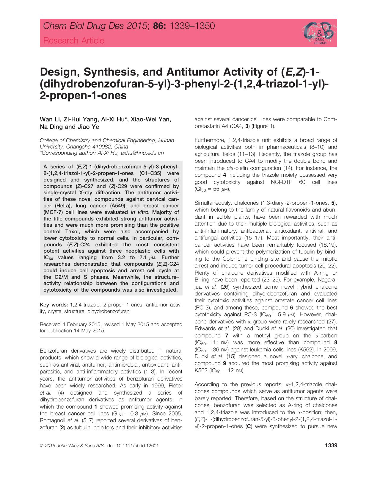 Design, Synthesis, and Antitumor Activity of (E,Z)‐1‐(dihydrobenzofuran‐5‐yl)‐3‐phenyl‐2‐(1,2,4‐triazol‐1  by unknow