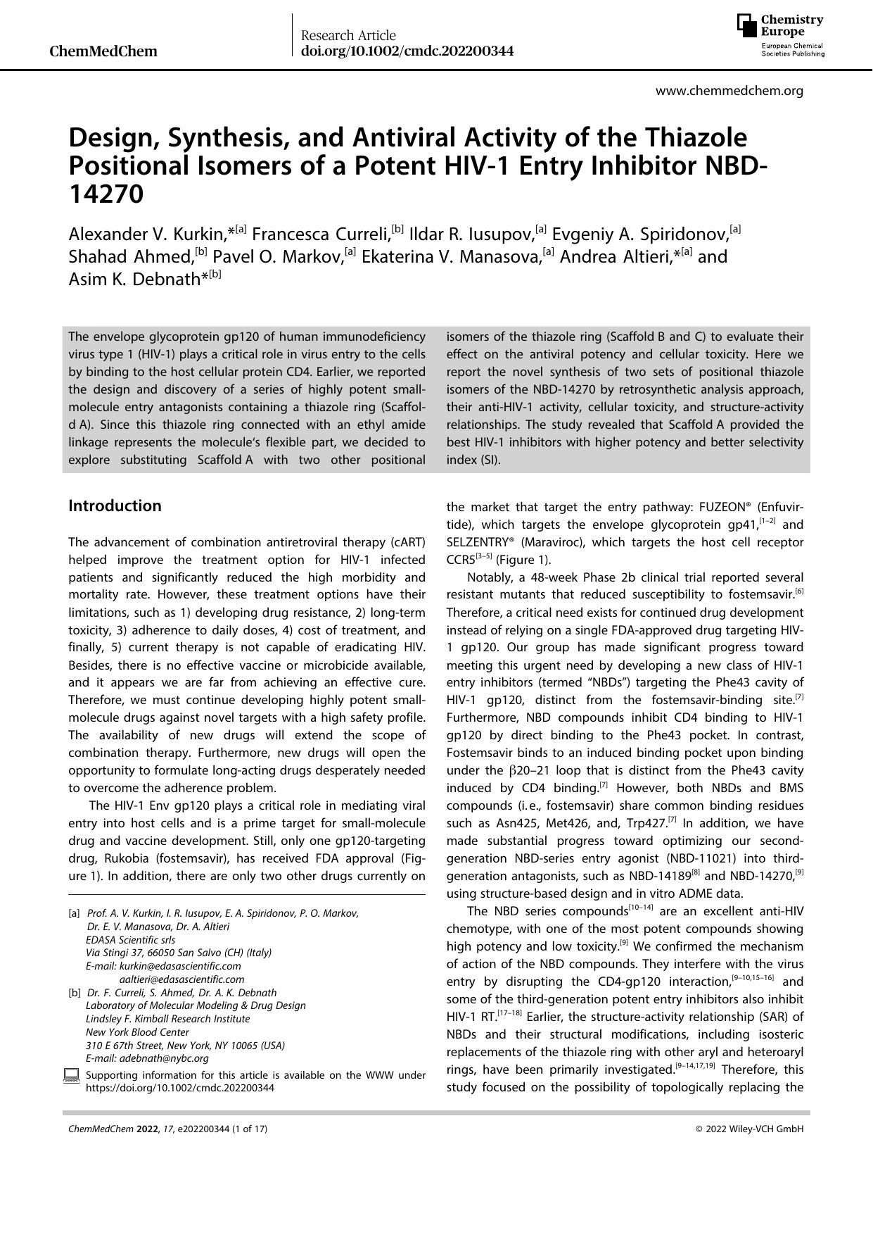 Design, Synthesis, and Antiviral Activity of the Thiazole Positional Isomers of a Potent HIVâ1 Entry Inhibitor NBDâ14270 by Unknown