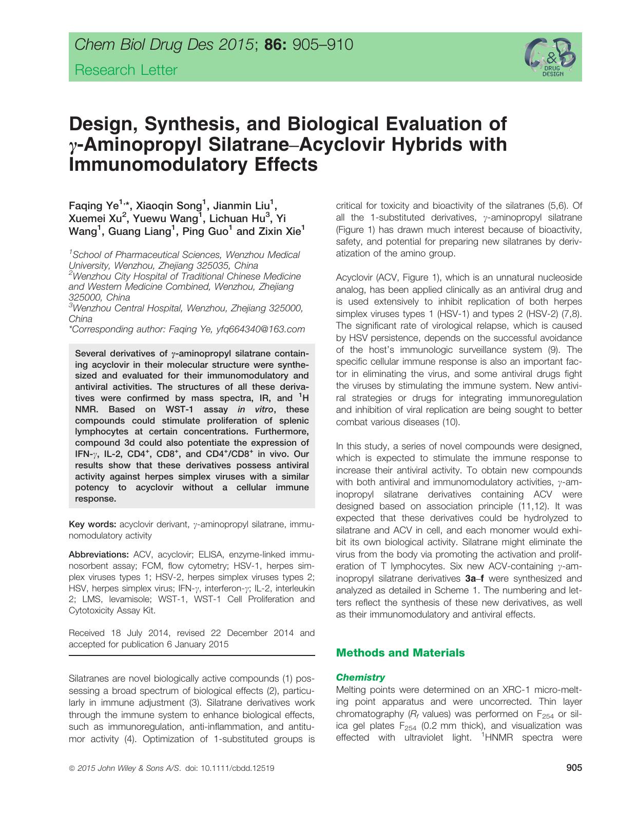 Design, Synthesis, and Biological Evaluation of γ‐Aminopropyl Silatrane–Acyclovir Hybrids with Immunomodulatory Effects by unknow