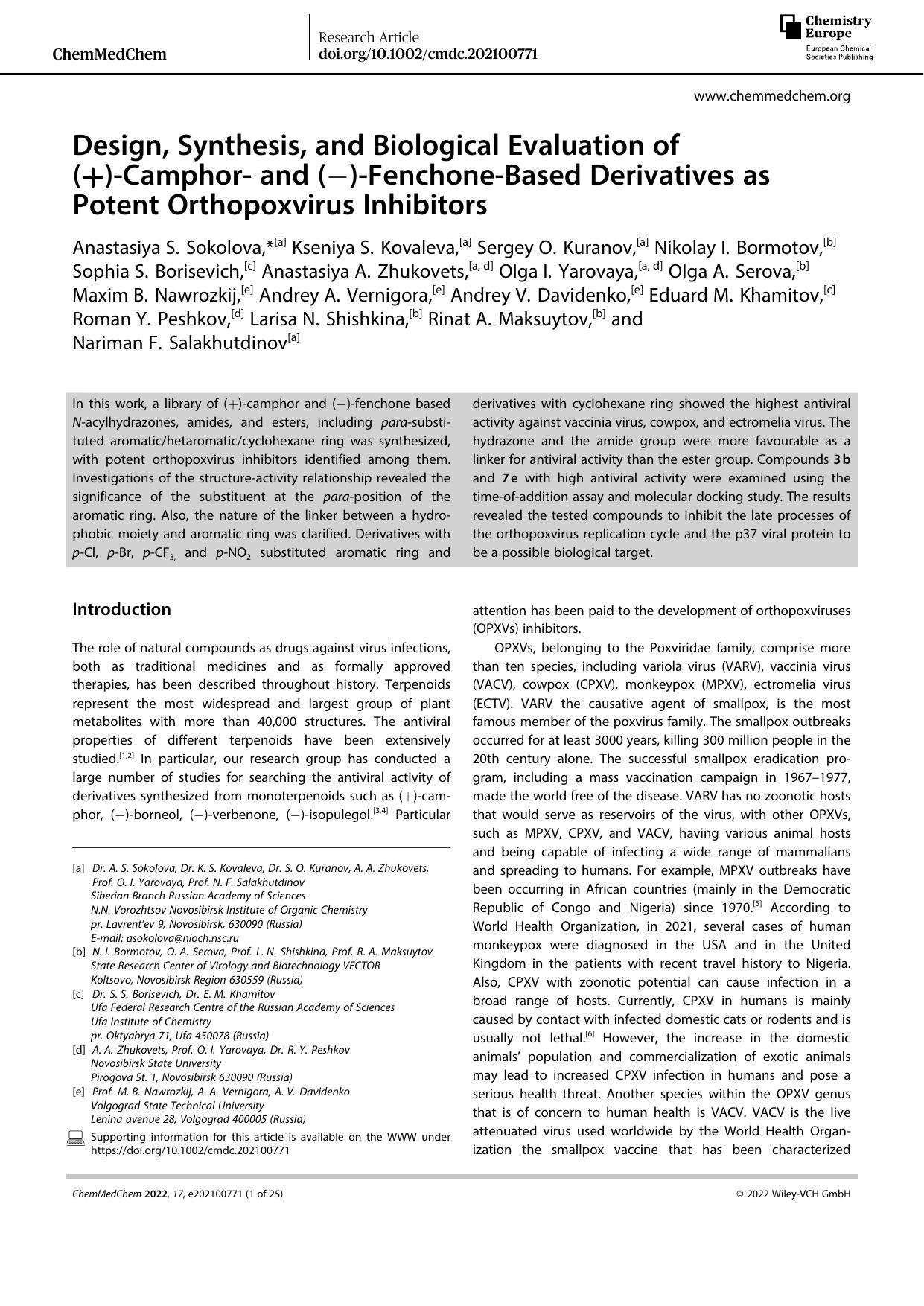 Design, Synthesis, and Biological Evaluation of (+)âCamphorâ and (â)âFenchoneâBased Derivatives as Potent Orthopoxvirus Inhibitors by Unknown
