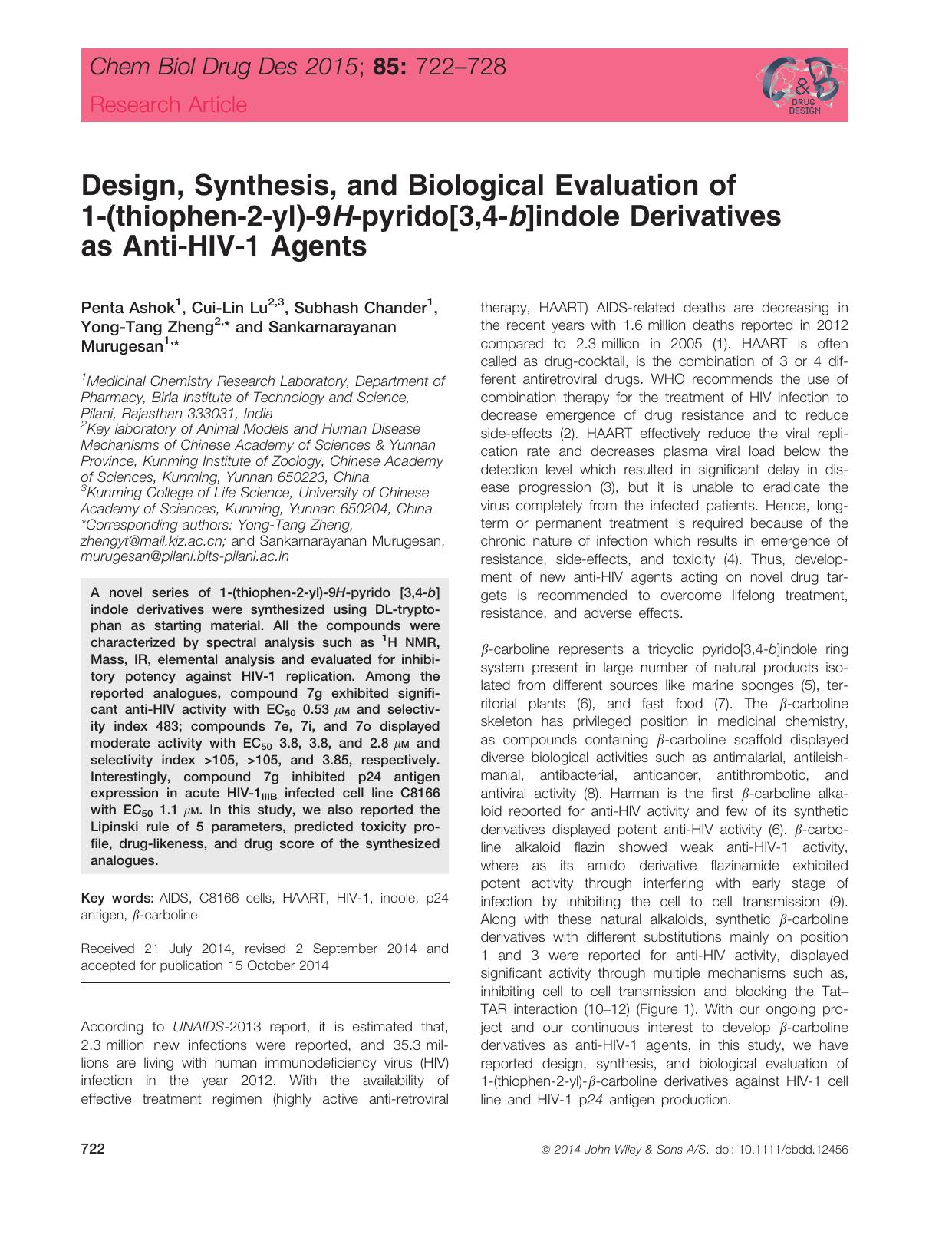Design, Synthesis, and Biological Evaluation of 1‐(thiophen‐2‐yl)‐9H‐pyrido[3,4‐b]indole Derivatives as Anti‐HIV‐1 Agents by unknow