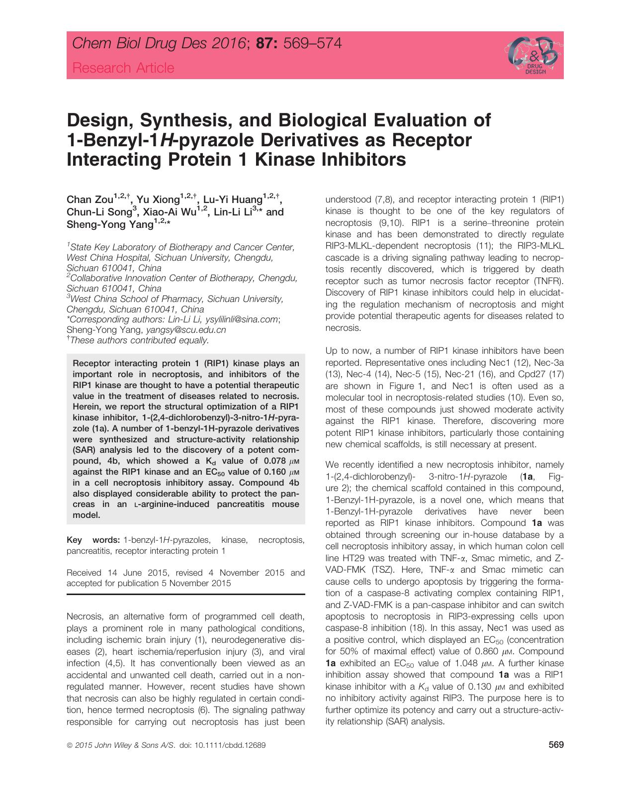 Design, Synthesis, and Biological Evaluation of 1‐Benzyl‐1H‐pyrazole Derivatives as Receptor Interacting Protein 1 Kinase Inhibitors by unknow