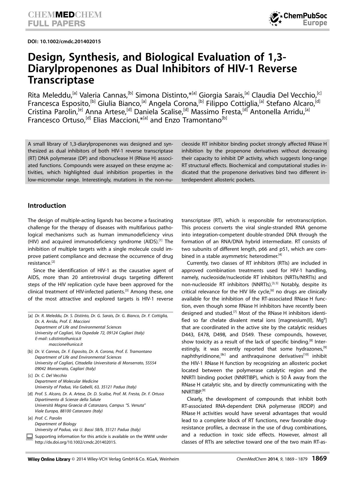 Design, Synthesis, and Biological Evaluation of 1,3Diarylpropenones as Dual Inhibitors of HIV1 Reverse Transcriptase by Unknown
