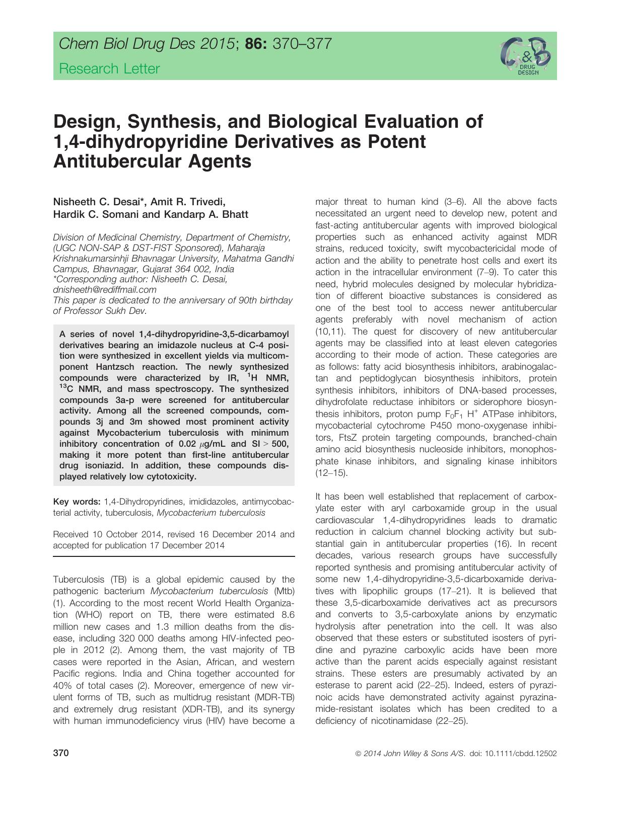Design, Synthesis, and Biological Evaluation of 1,4‐dihydropyridine Derivatives as Potent Antitubercular Agents by unknow