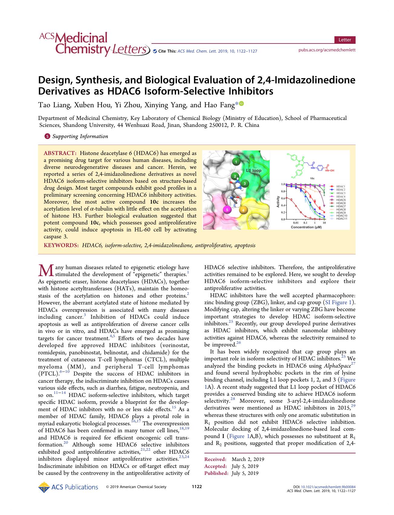 Design, Synthesis, and Biological Evaluation of 2,4-Imidazolinedione Derivatives as HDAC6 Isoform-Selective Inhibitors by unknow