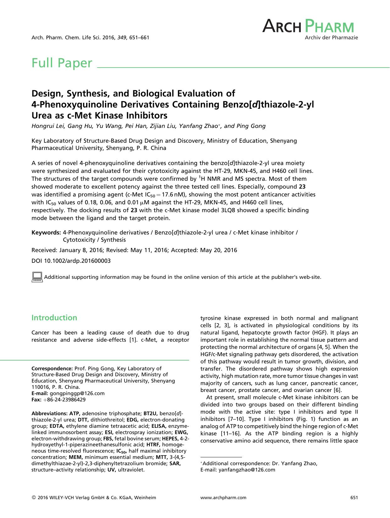 Design, Synthesis, and Biological Evaluation of 4-Phenoxyquinoline Derivatives Containing Benzo[d]thiazole-2-yl Urea as c-Met Kinase Inhibitors by Unknown