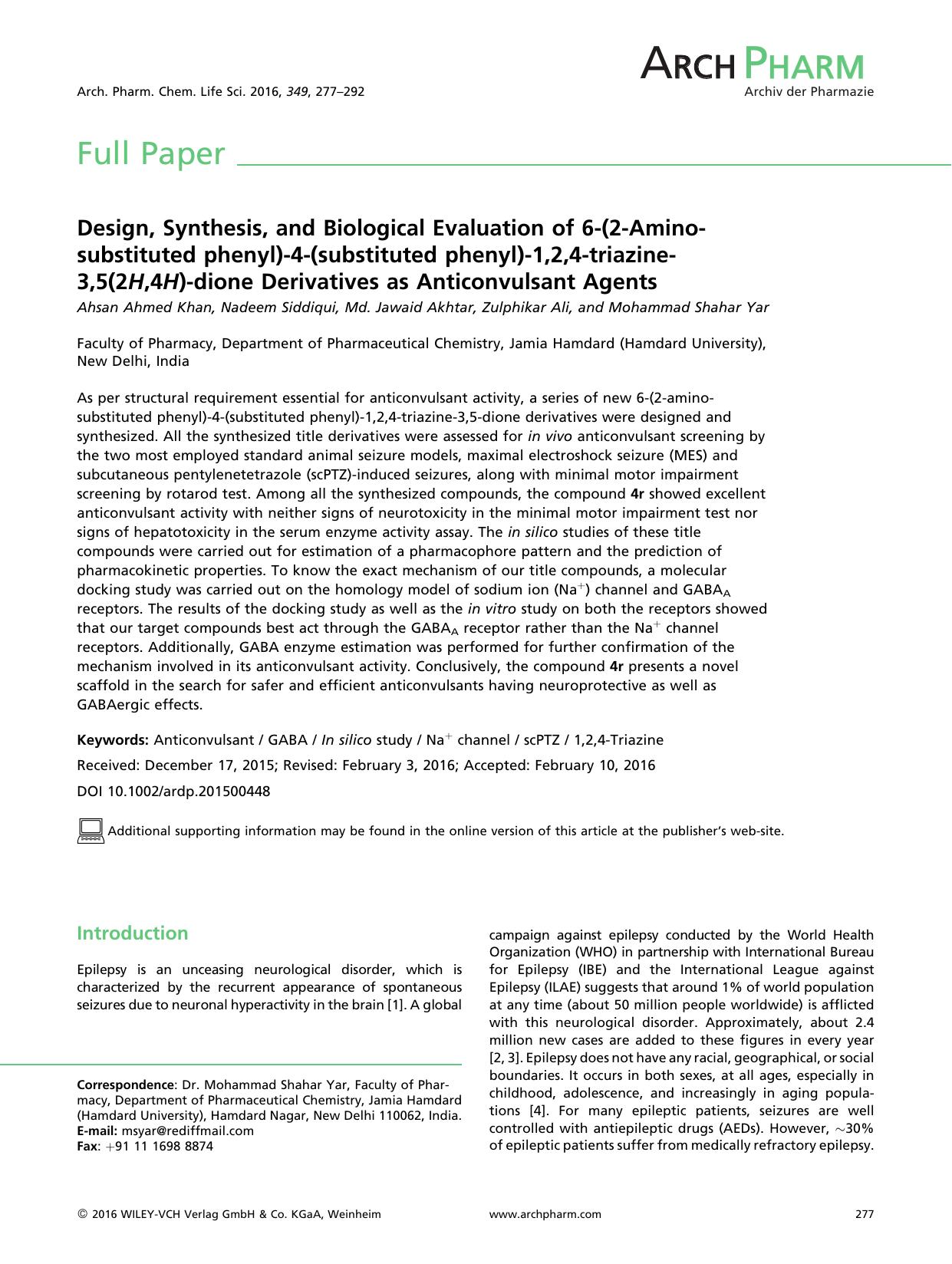 Design, Synthesis, and Biological Evaluation of 6-(2-Amino-substituted phenyl)-4-(substituted phenyl)-1,2,4-triazine-3,5(2H,4H)-dione Derivatives as Anticonvulsant Agents by Unknown