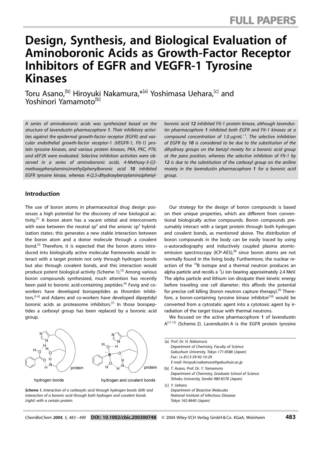 Design, Synthesis, and Biological Evaluation of Aminoboronic Acids as Growth-Factor Receptor Inhibitors of EGFR and VEGFR-1 Tyrosine Kinases by Systemverwalter
