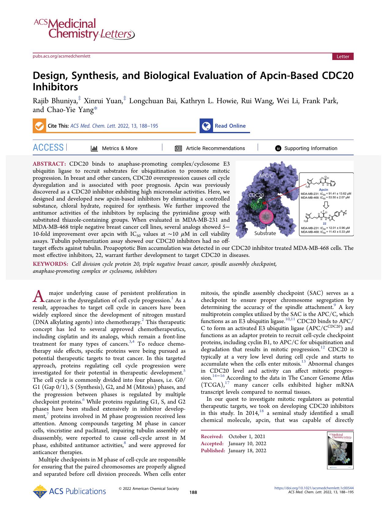 Design, Synthesis, and Biological Evaluation of Apcin-Based CDC20 Inhibitors by unknow