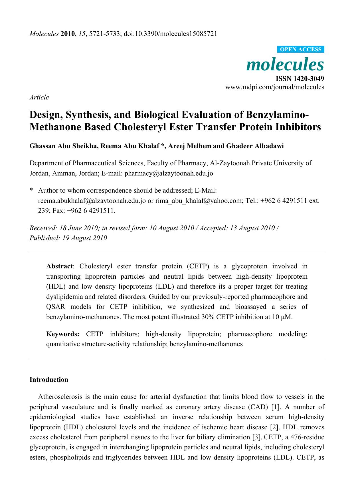 Design, Synthesis, and Biological Evaluation of Benzylamino-Methanone Based Cholesteryl Ester Transfer Protein Inhibitors by Ghassan Abu Sheikha & Reema Abu Khalaf & Areej Melhem & Ghadeer Albadawi