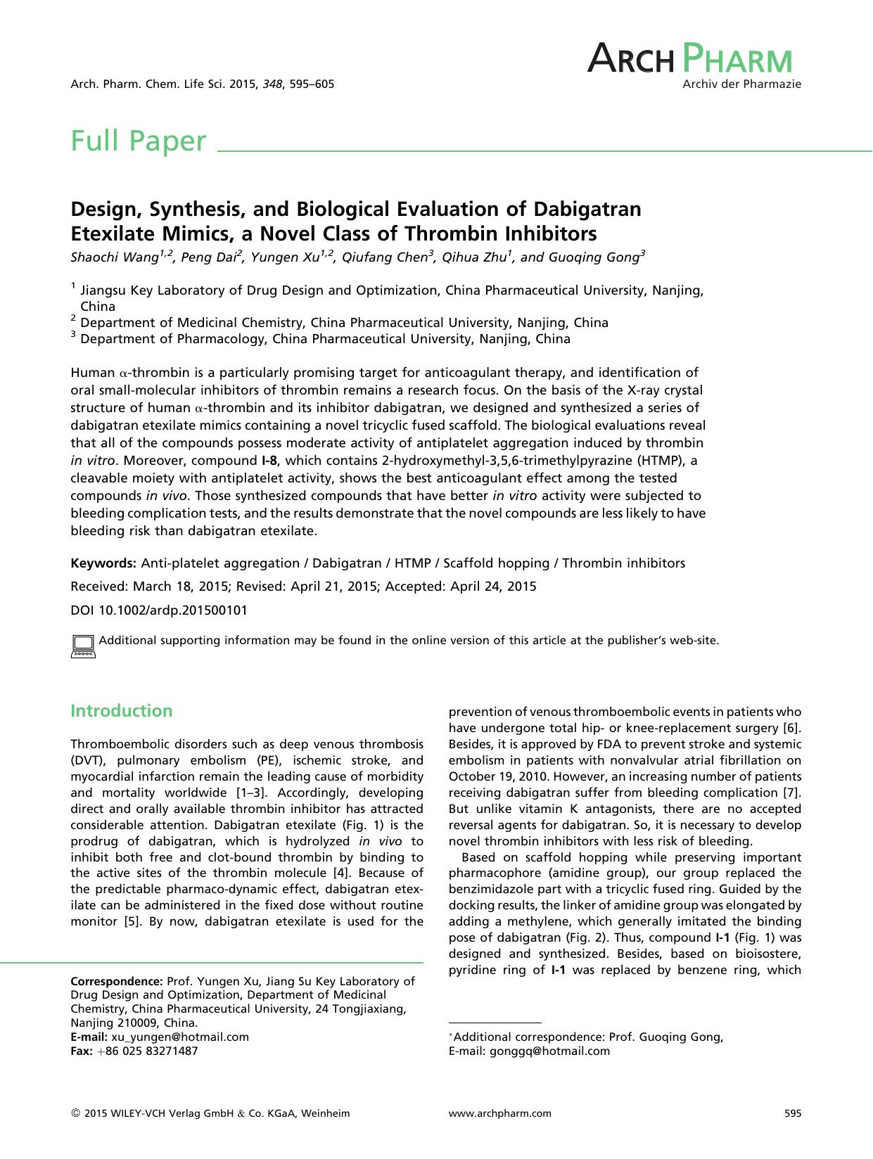 Design, Synthesis, and Biological Evaluation of Dabigatran Etexilate Mimics, a Novel Class of Thrombin Inhibitors by Unknown