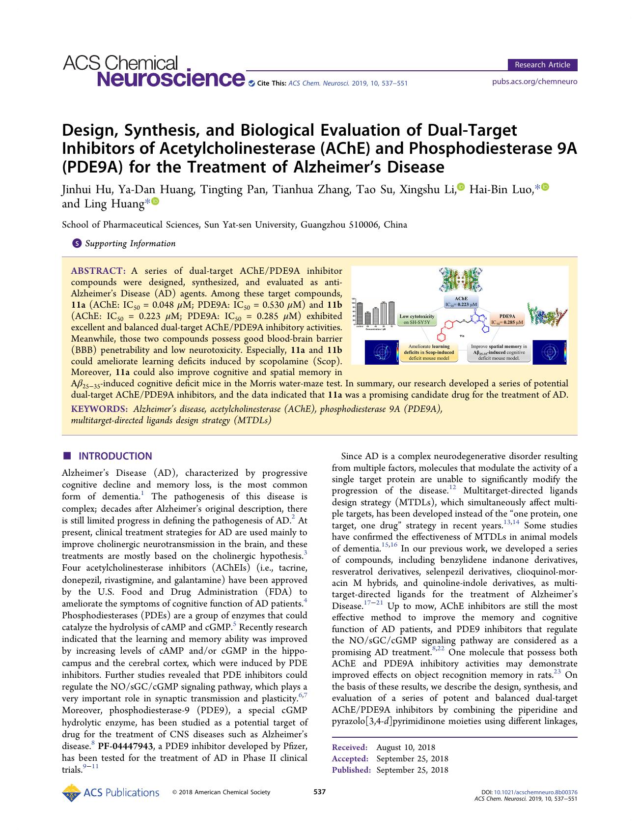 Design, Synthesis, and Biological Evaluation of Dual-Target Inhibitors of Acetylcholinesterase (AChE) and Phosphodiesterase 9A (PDE9A) for the Treatment of Alzheimerâs Disease by unknow