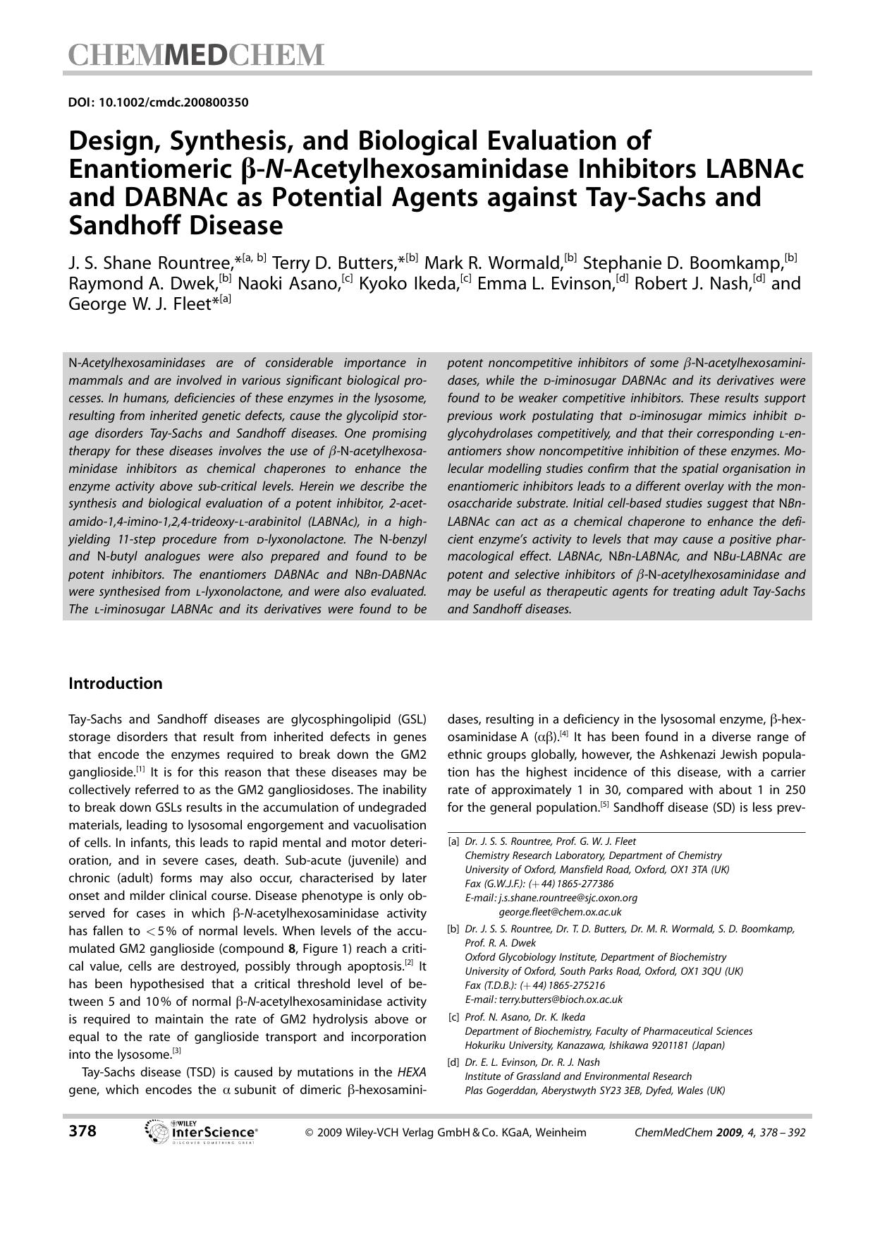 Design, Synthesis, and Biological Evaluation of Enantiomeric [beta]-N-Acetylhexosaminidase Inhibitors LABNAc and DABNAc as Potential Agents against Tay-Sachs and Sandhoff Disease by Unknown